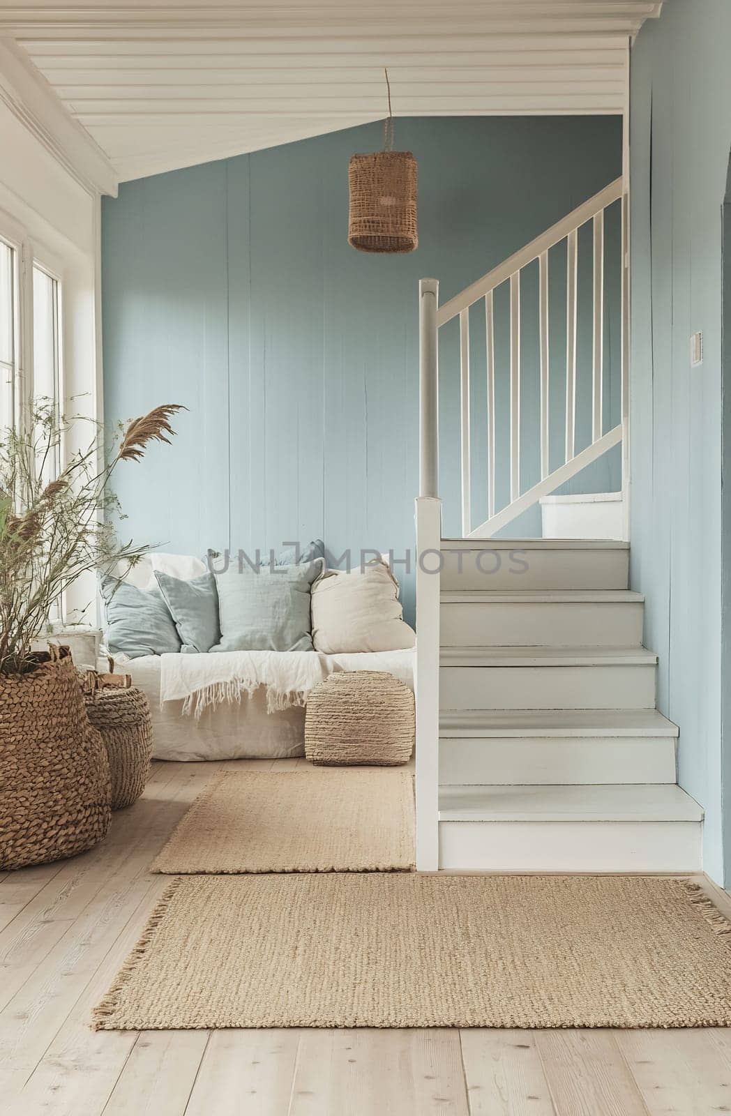 Softly lit living area features a comfortable couch, natural decor elements, and a staircase leading to upper levels, promoting relaxation and warmth.