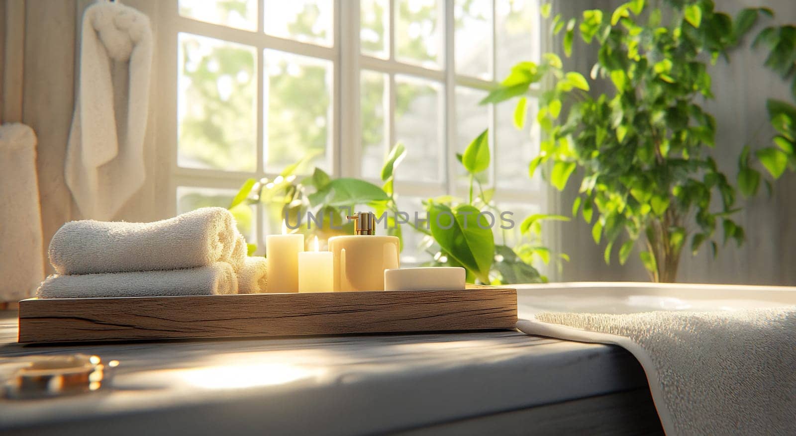 Soft sunlight fills a cozy bathroom with lush plants and candles, creating a tranquil atmosphere for relaxation and rejuvenation.