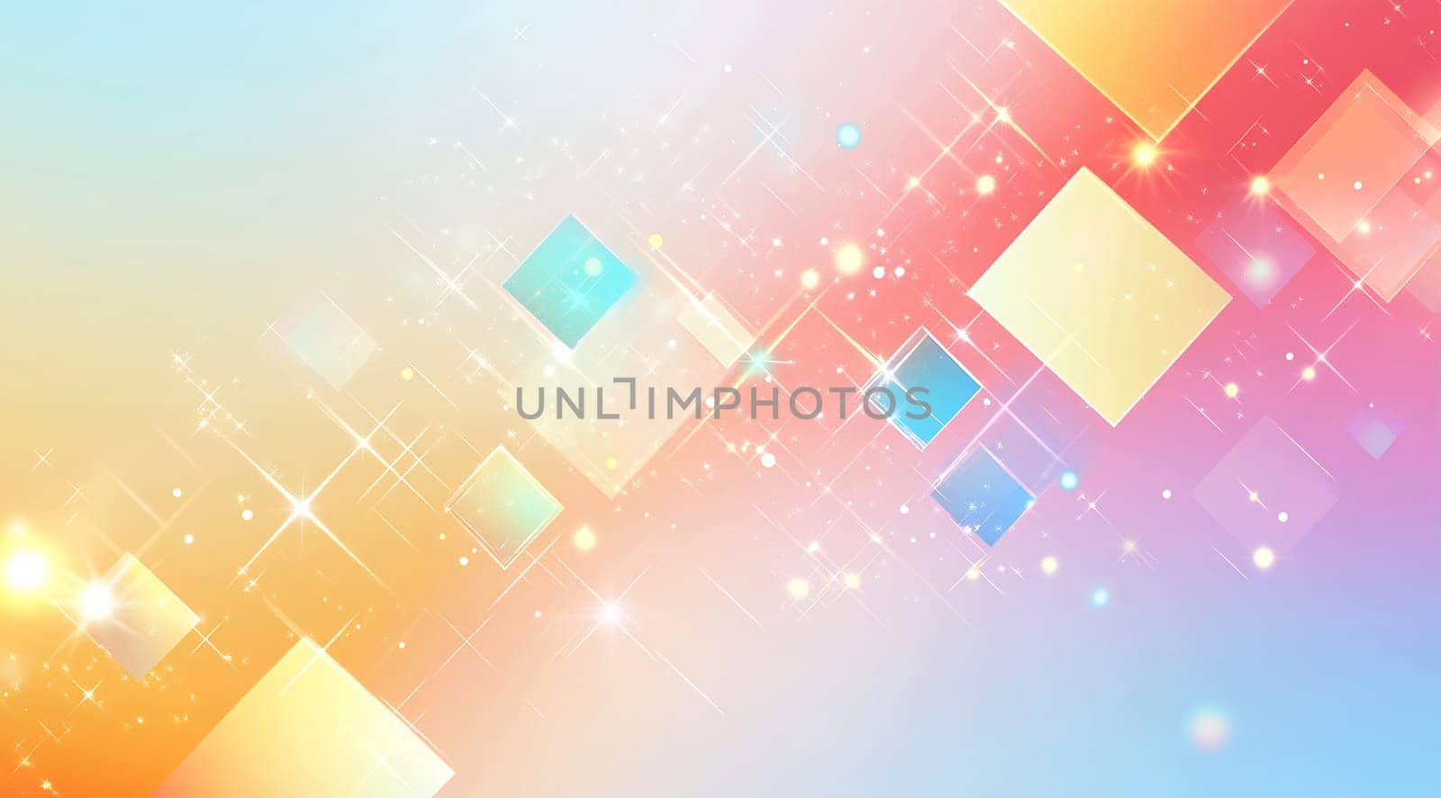 Vibrant geometric shapes float in a soft gradient background, creating a cheerful and dynamic atmosphere filled with colorful light.