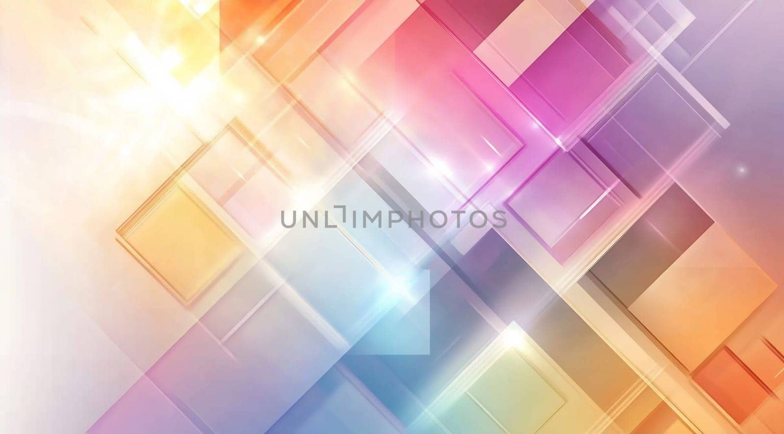 A vibrant composition of overlapping squares and rectangles in warm and cool colors creating a dynamic visual effect.