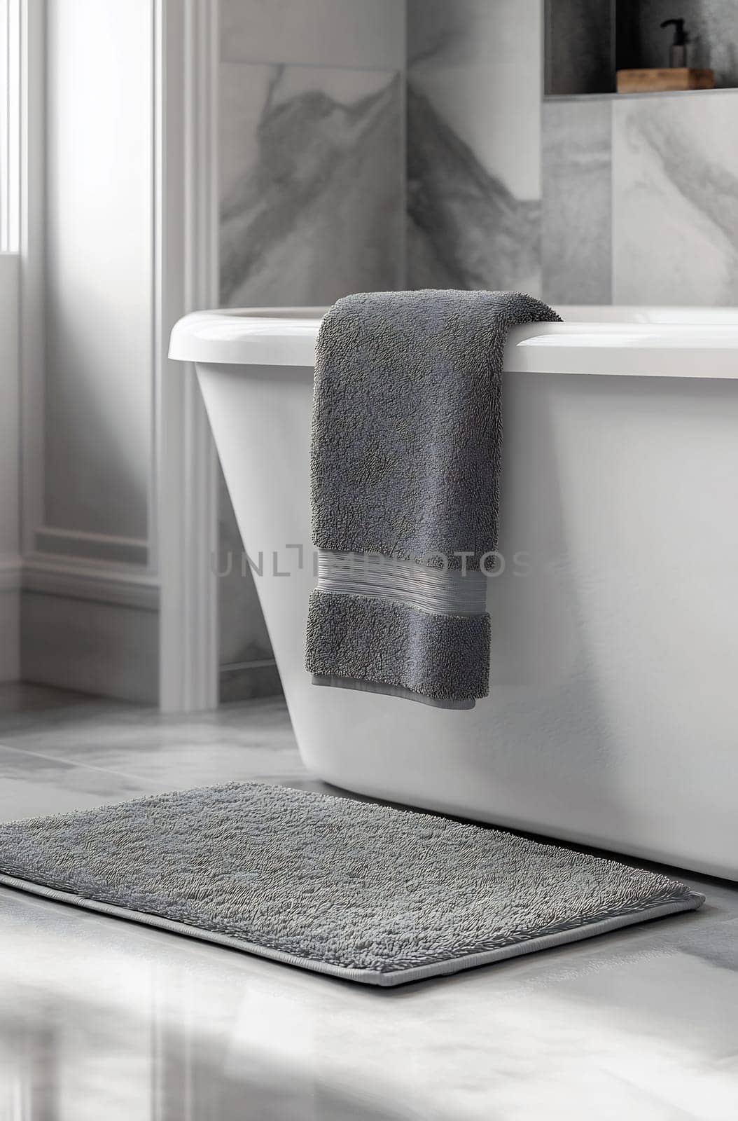 A luxurious bathroom showcases a contemporary gray rug and towel draped over a modern freestanding tub, creating a relaxing atmosphere.