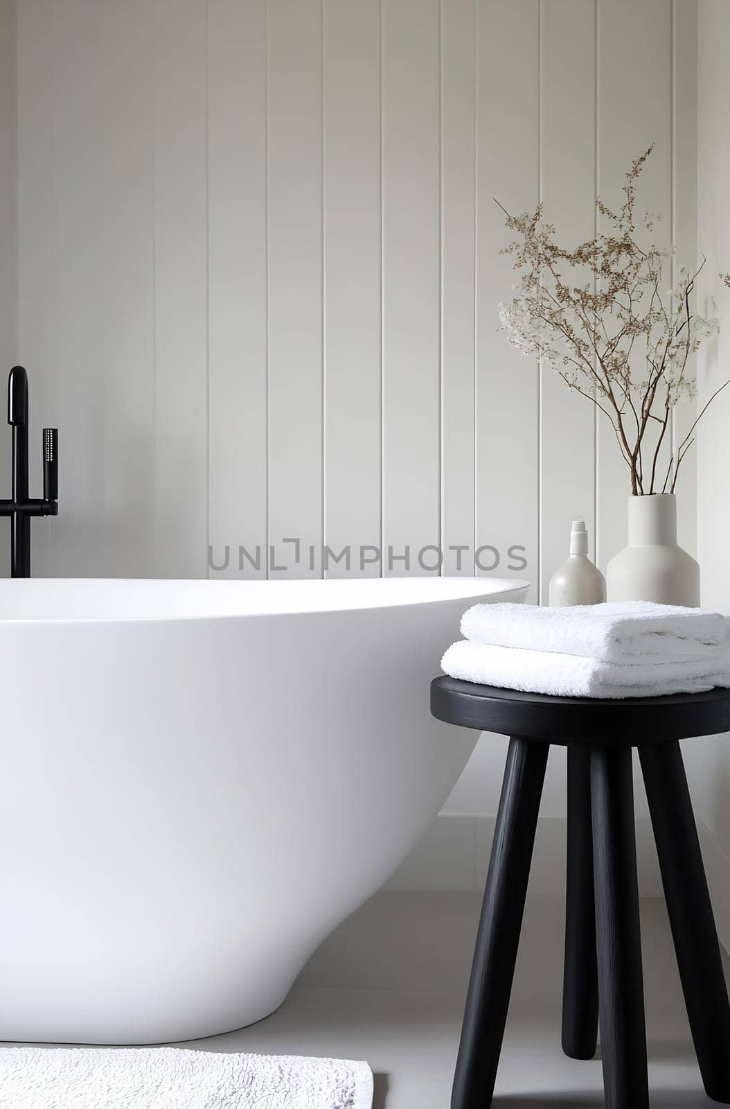 A spacious bathroom features a sleek, white bathtub alongside a black stool holding decorative items and towels, creating a calming atmosphere.