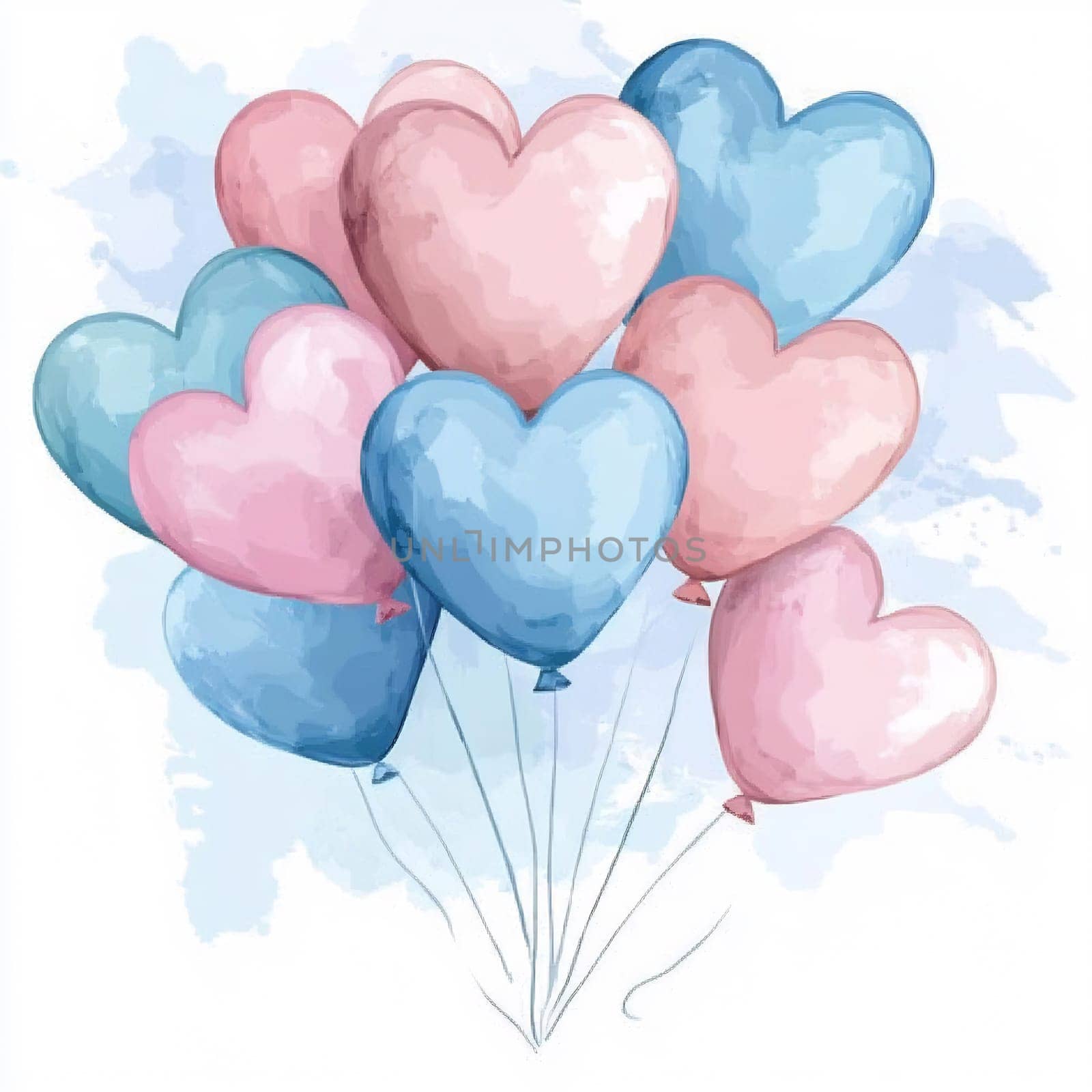 Heart-shaped balloons in soft pink and blue float together with light overhead, creating a cheerful and festive atmosphere.