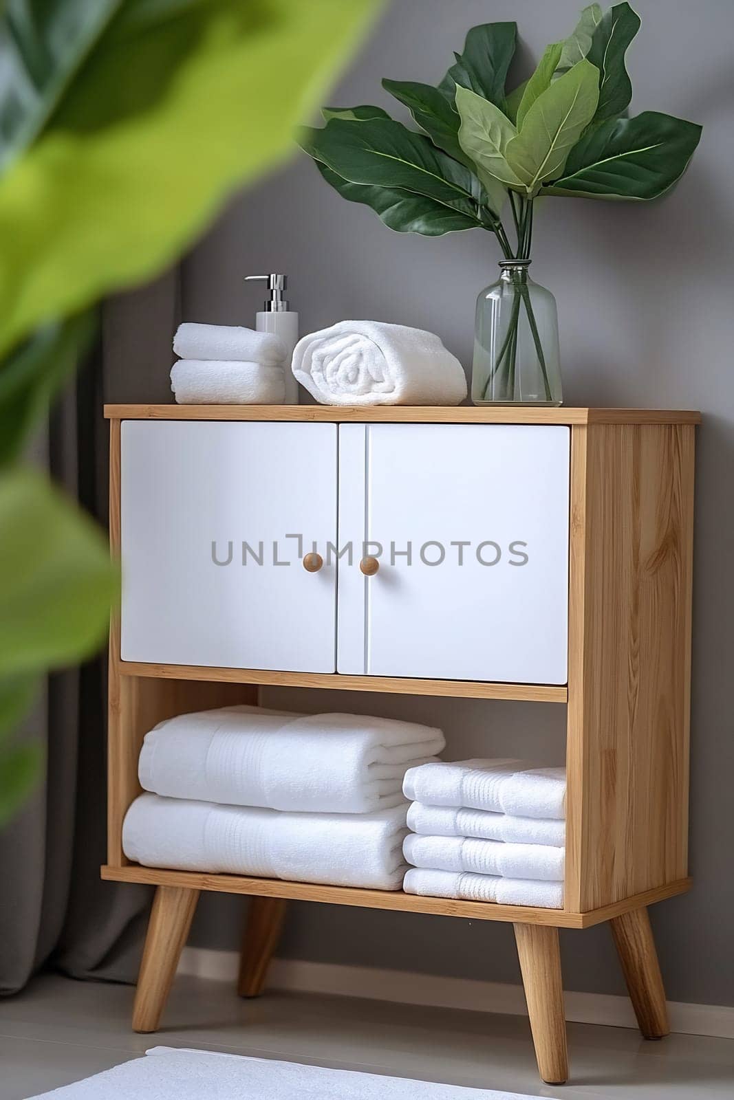 A wooden cabinet displays neatly folded towels and a vase with greenery, adding a touch of elegance to the modern interior decor.
