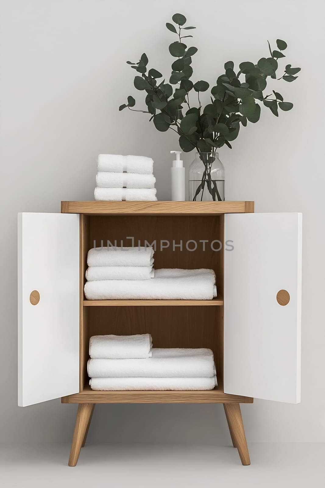 A wooden storage cabinet with two open doors displays neatly folded white towels on its shelves, complemented by a vase of greenery.