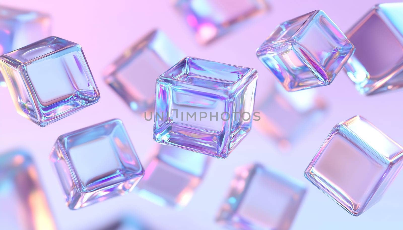 Translucent cubes hover in a dreamy pastel background, showcasing their reflective surfaces and ethereal beauty.