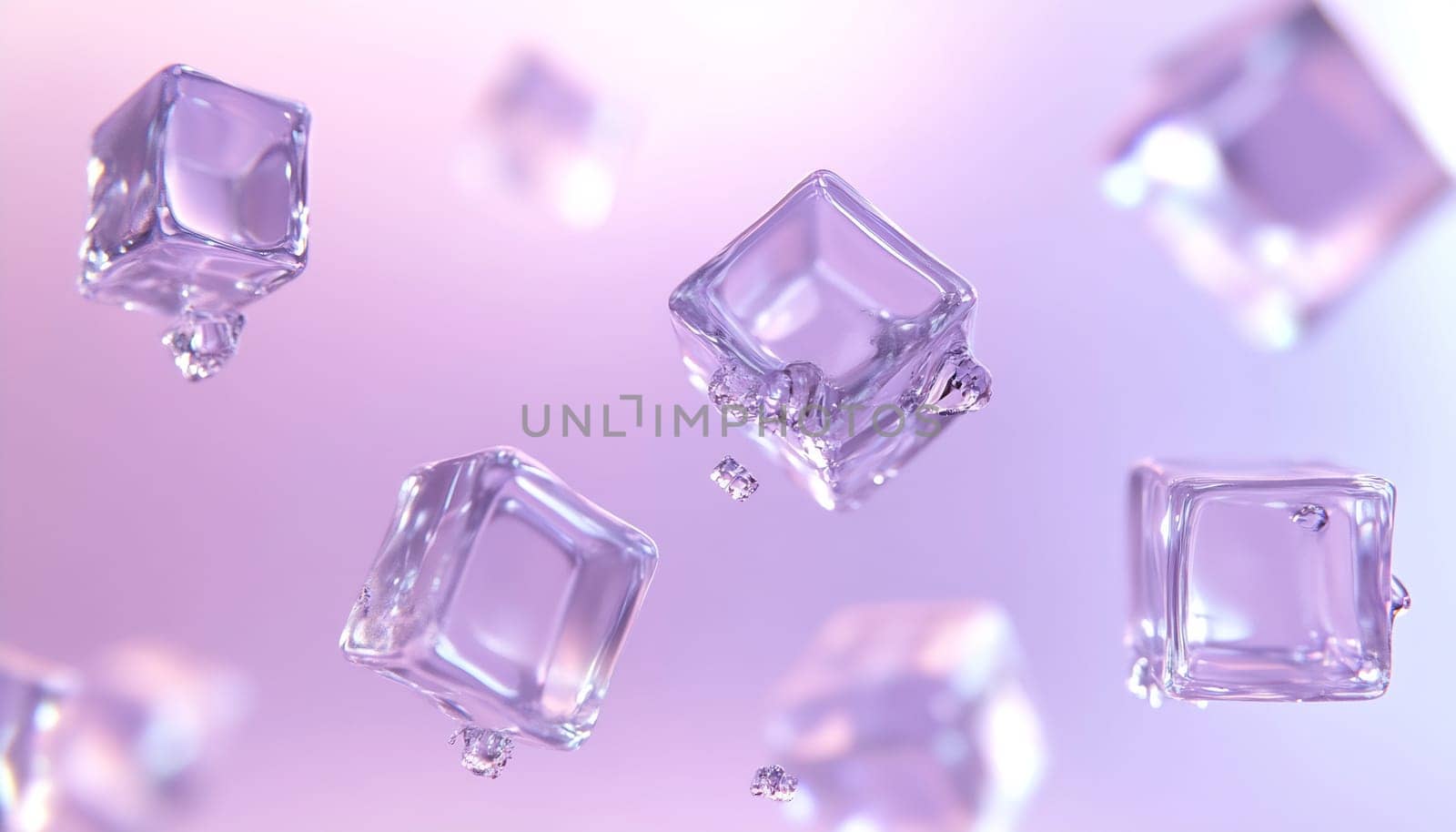 Clear ice cubes drift effortlessly against a colorful background, creating a refreshing and vibrant visual effect.