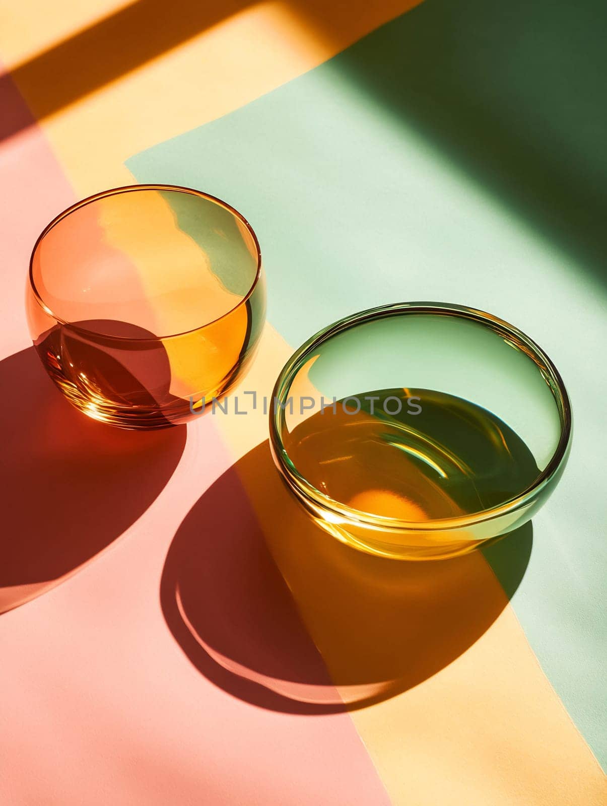Two pieces of glassware, one round and orange, and the other green and wide, cast shadows on a colorful surface with pastel shades.
