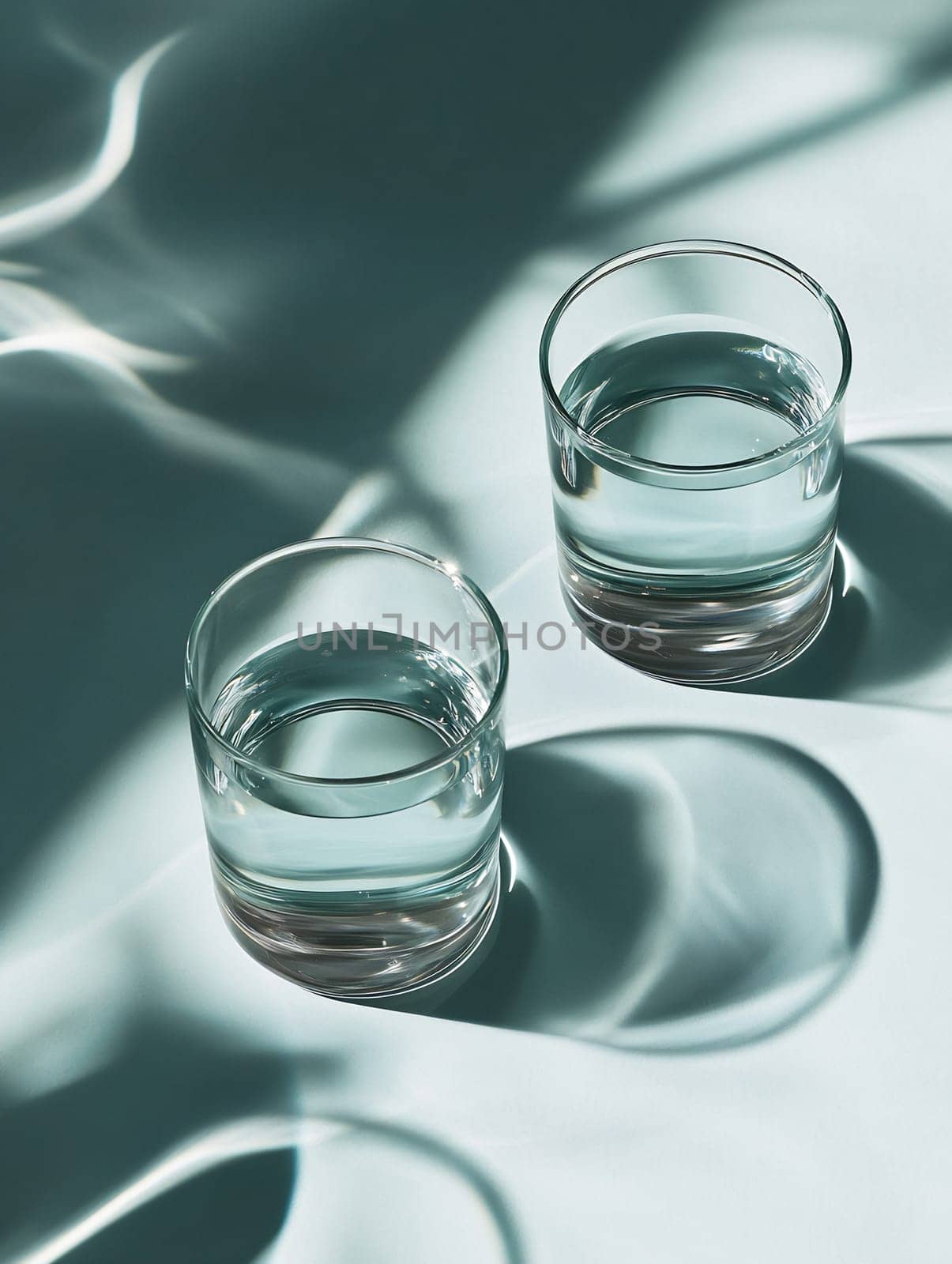 Two clear glasses filled with water sit on a reflective surface, creating beautiful light patterns and shadows.