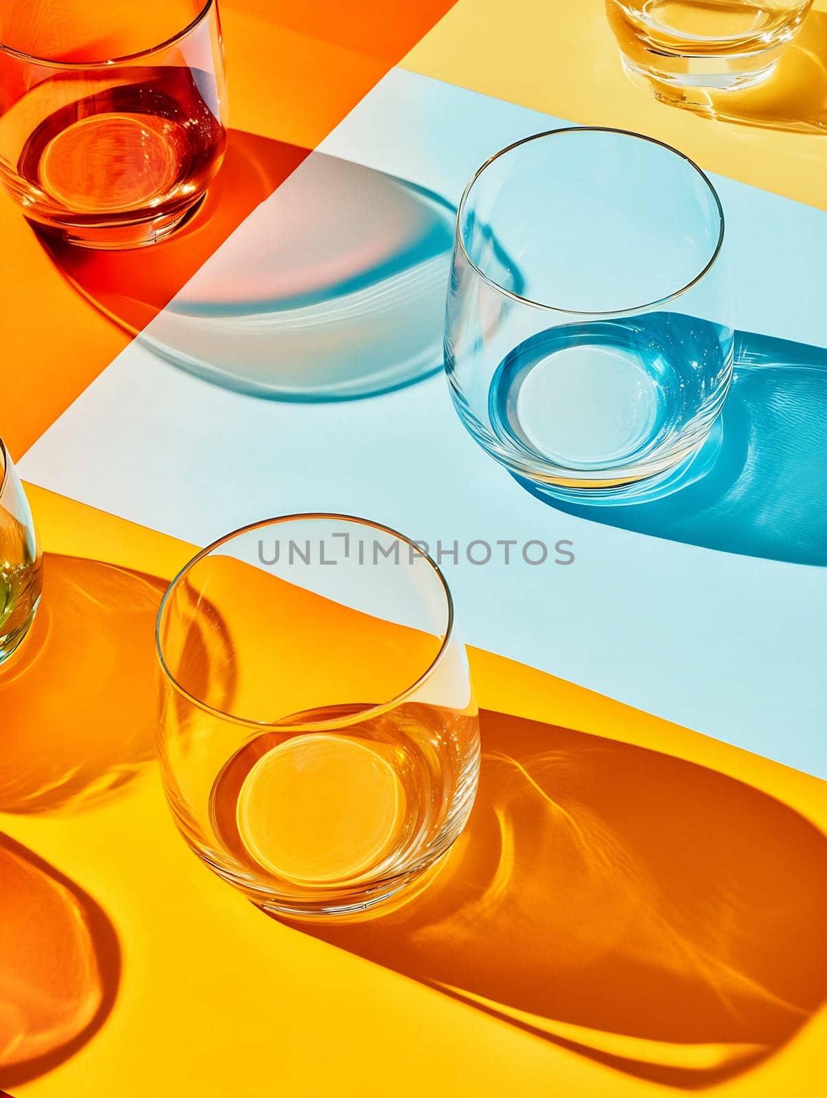 Various glass cups rest on vibrant orange and blue backgrounds, casting interesting shadows in soft light.