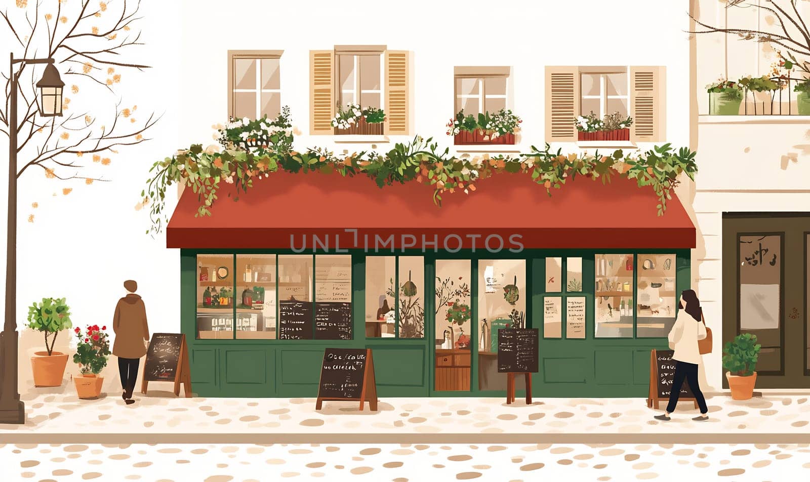 A quaint cafe features a red awning, outdoor seating, and potted plants. Visitors enjoy the atmosphere on a quiet street in the afternoon.