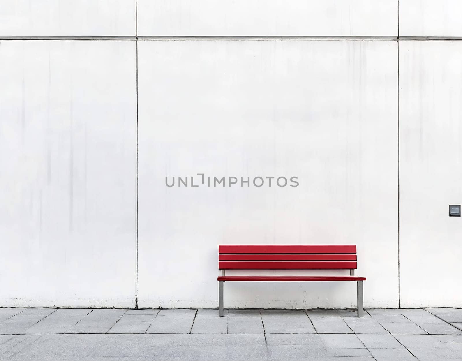 A vibrant red bench is positioned in front of a stark white wall on a clean paved area, creating a striking contrast in the urban environment.