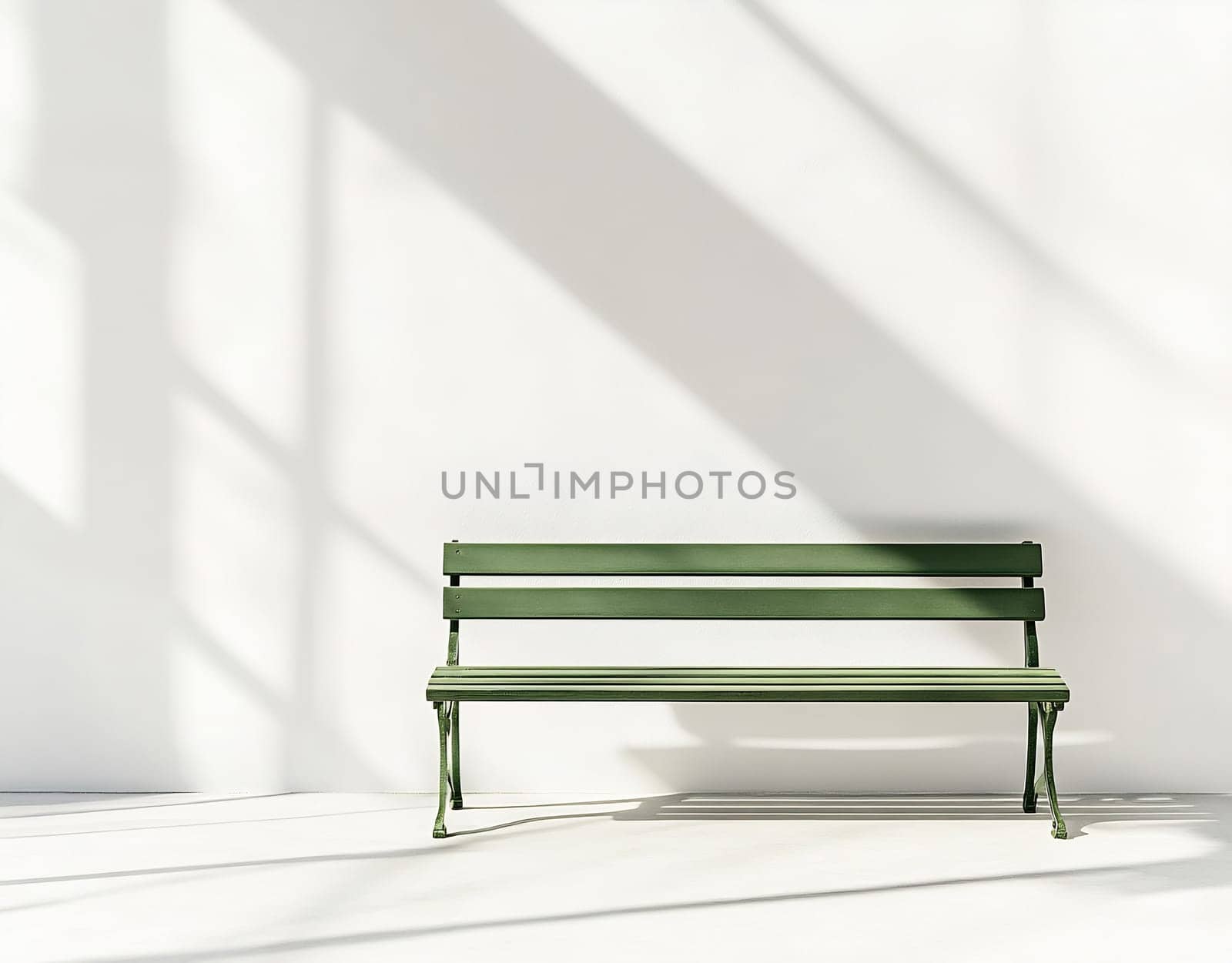 A green metal bench rests against a white wall, casting soft shadows in the warm sunlight filtered through windows.