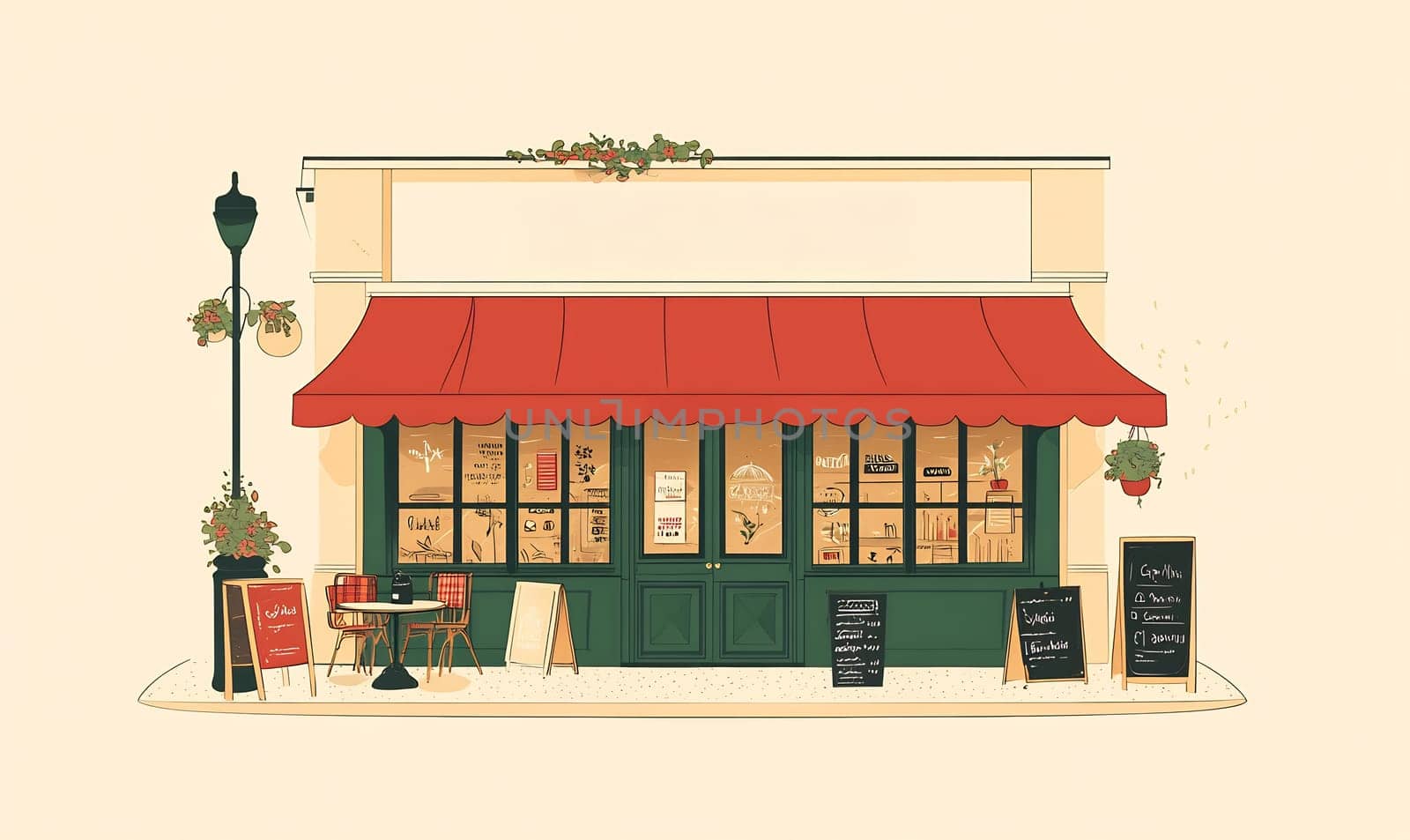 A quaint cafe features a red awning and outdoor seating, inviting passersby to enjoy a leisurely drink in a vibrant atmosphere.