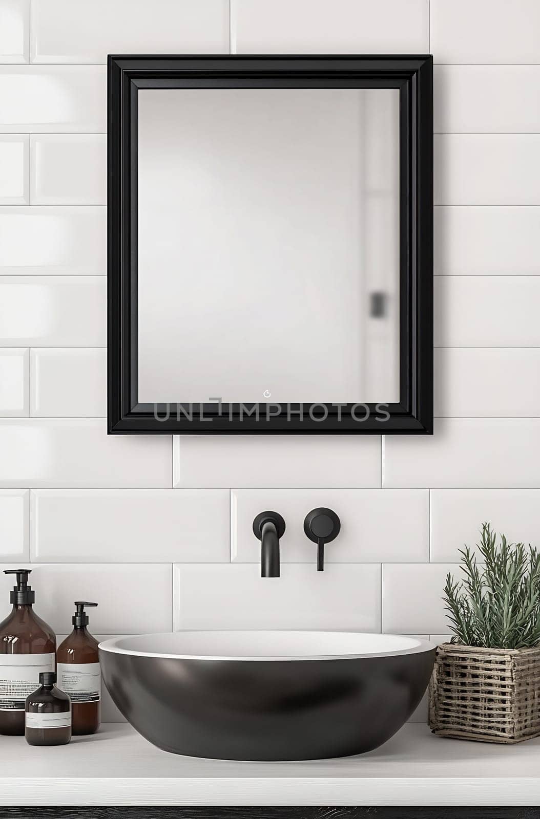 This stylish bathroom features a black and white color scheme with a sleek sink, elegant mirror, and neatly arranged toiletries.