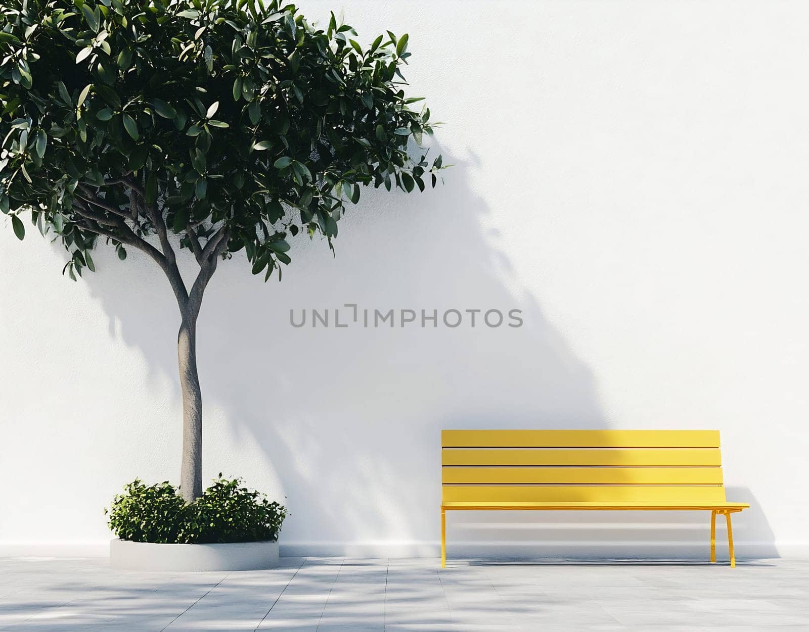 A vibrant yellow bench sits next to a lush tree against a plain wall, creating a serene and inviting outdoor space.