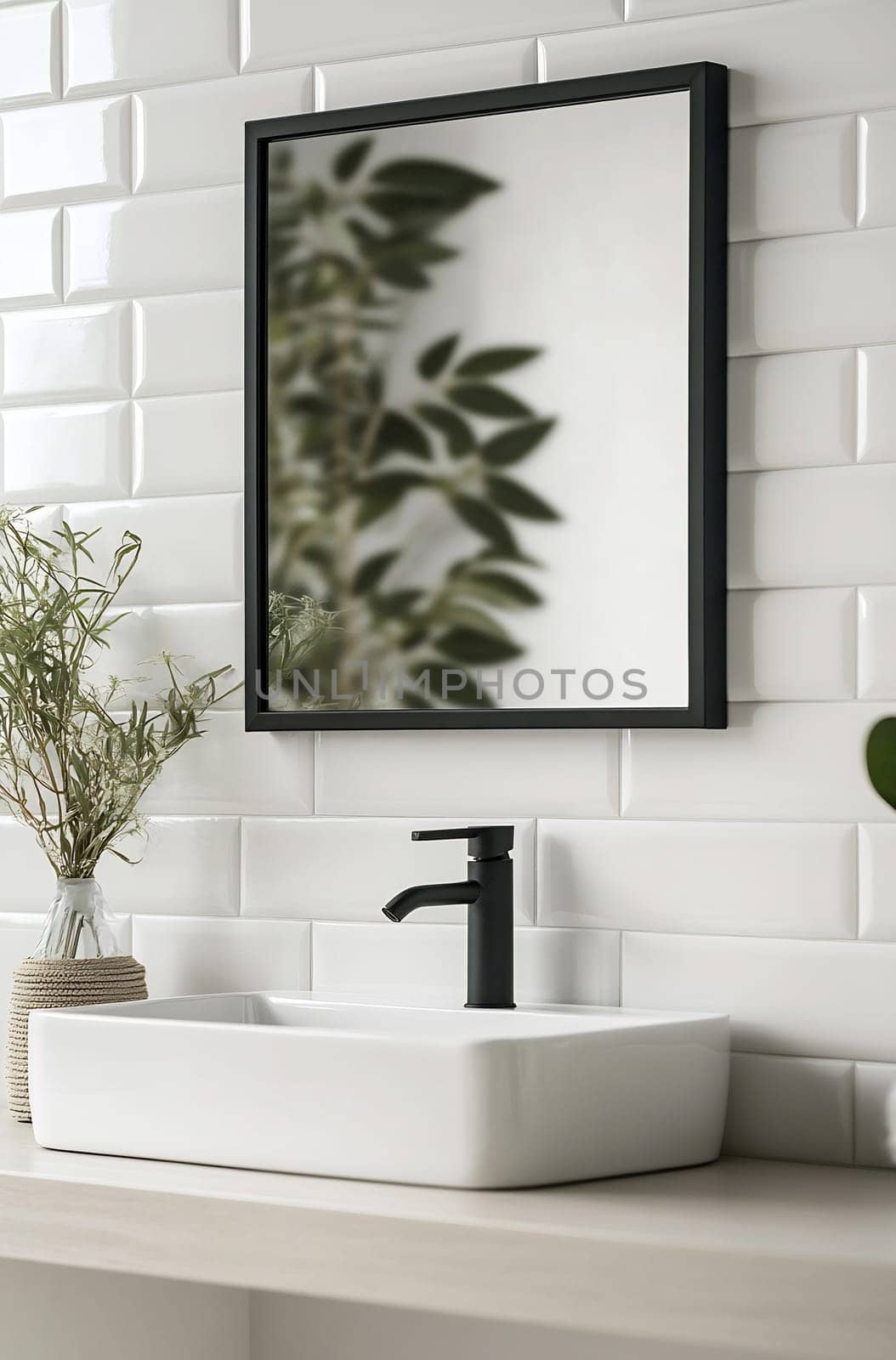 A stylish bathroom features a sleek sink and a mirror reflecting beautiful plant shadows, creating a tranquil atmosphere in a contemporary space.