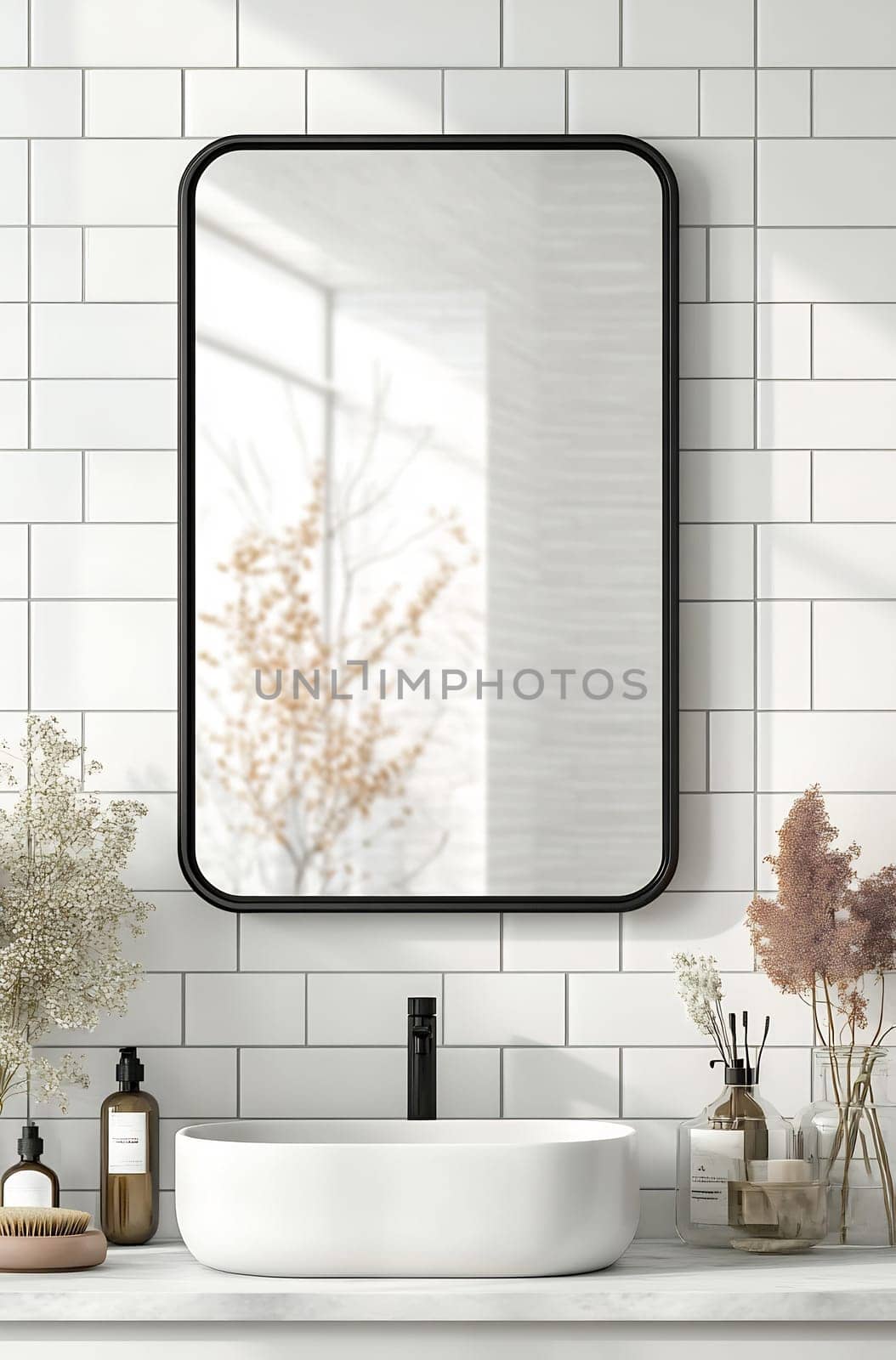 A stylish bathroom features a sleek sink, minimalistic decor, and a large mirror reflecting natural light and dried flowers.