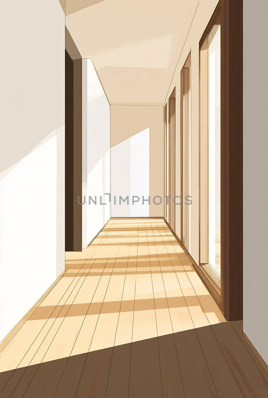 Sunlight streams through large windows, illuminating a serene corridor with wooden flooring and minimalist design.
