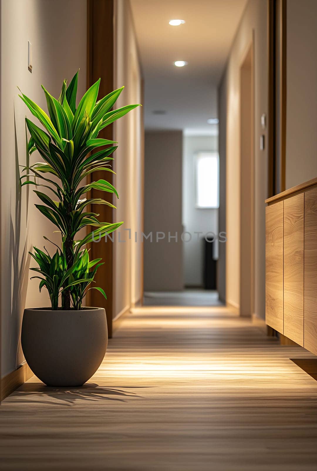 A stylish hallway features wooden flooring, soft lighting, and a green plant in a pot, creating a serene and welcoming atmosphere.