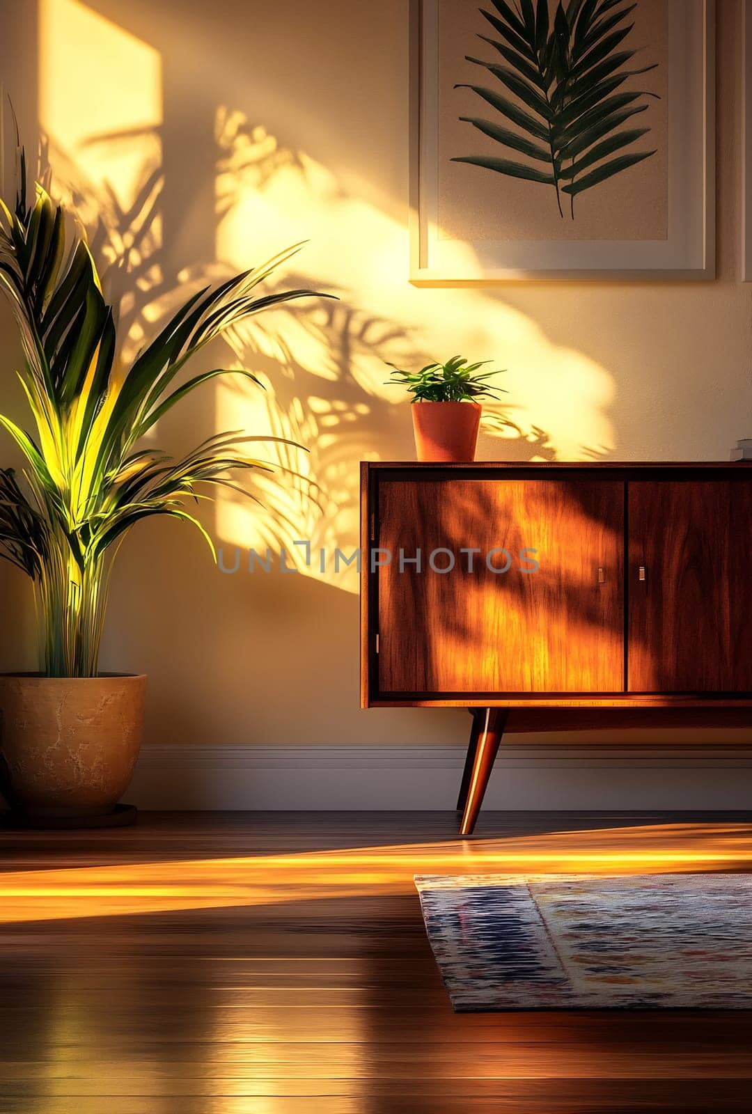 Soft sunlight streams through a window, casting warm shadows of plants on a wooden cabinet in a peaceful living space.