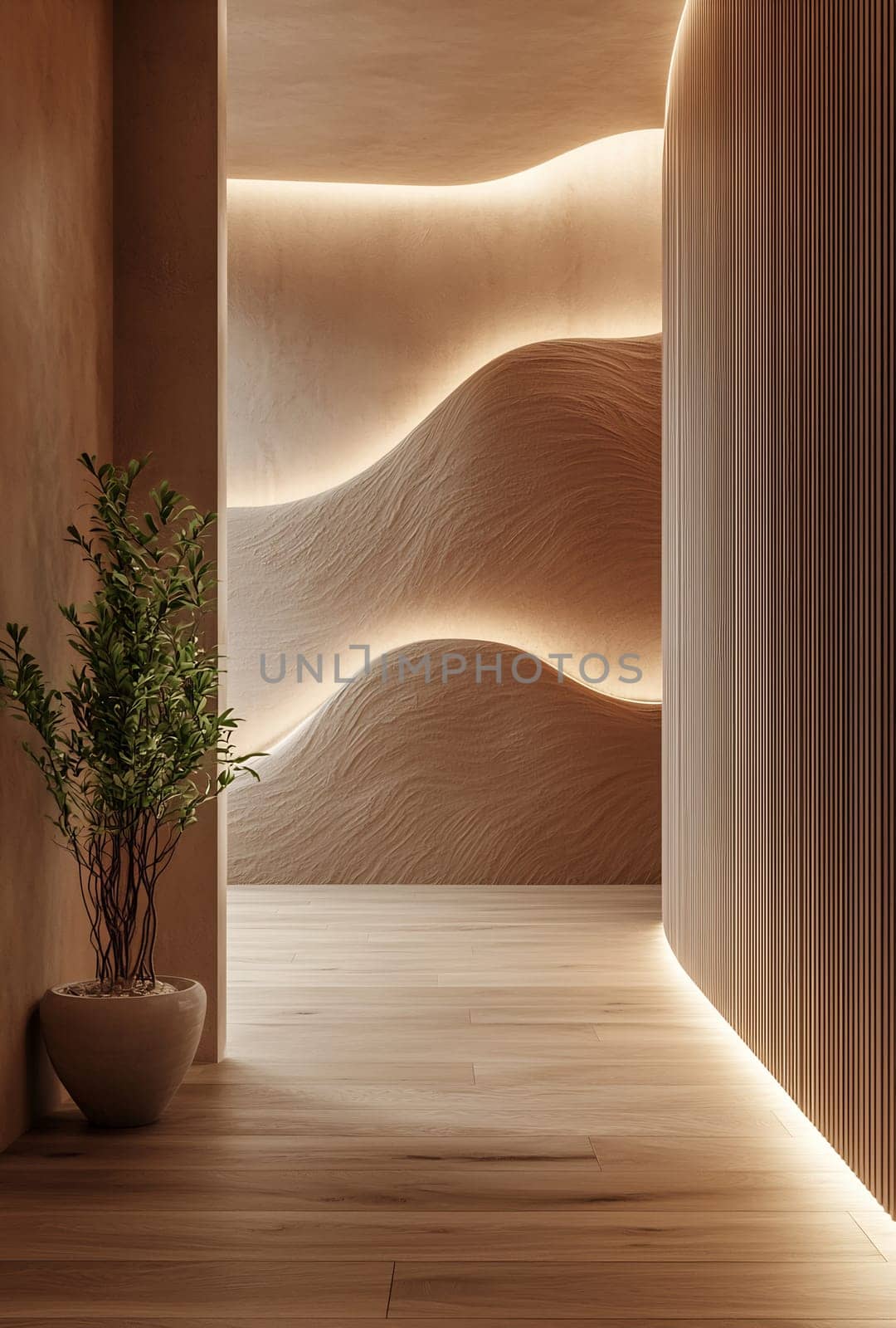A modern hallway features gentle curves illuminated by warm lights. A small plant adds a touch of nature to the serene atmosphere.