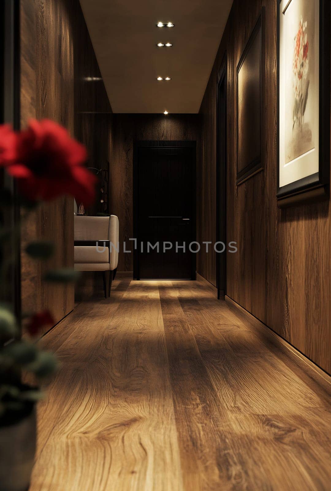 A stylish hallway featuring rich wooden flooring, soft lighting, and a rose in a vase, creating a warm and inviting atmosphere.