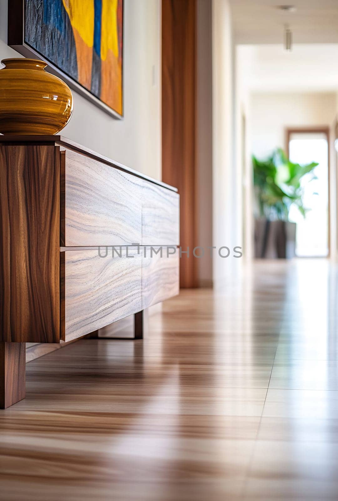 Elegant wooden cabinet enhances a modern hallway, complemented by artistic wall decor and warm lighting in a welcoming home.