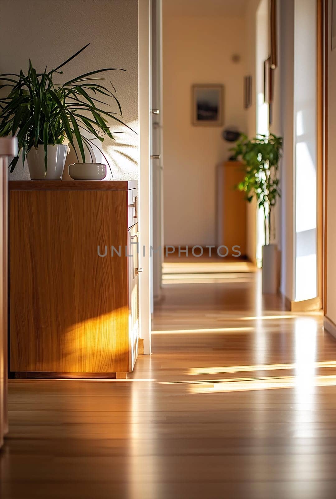 Sunlight spills across a wooden floor in a cozy hallway, illuminating plants and furniture, creating a warm and inviting atmosphere.