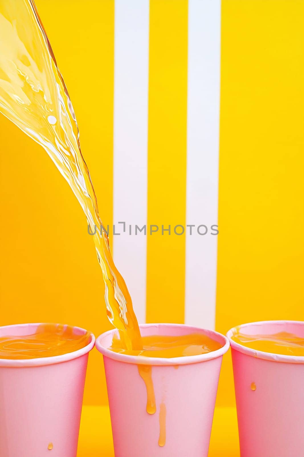 Bright yellow background highlights the pouring of a refreshing drink into three pink cups, capturing a fun and vibrant moment.