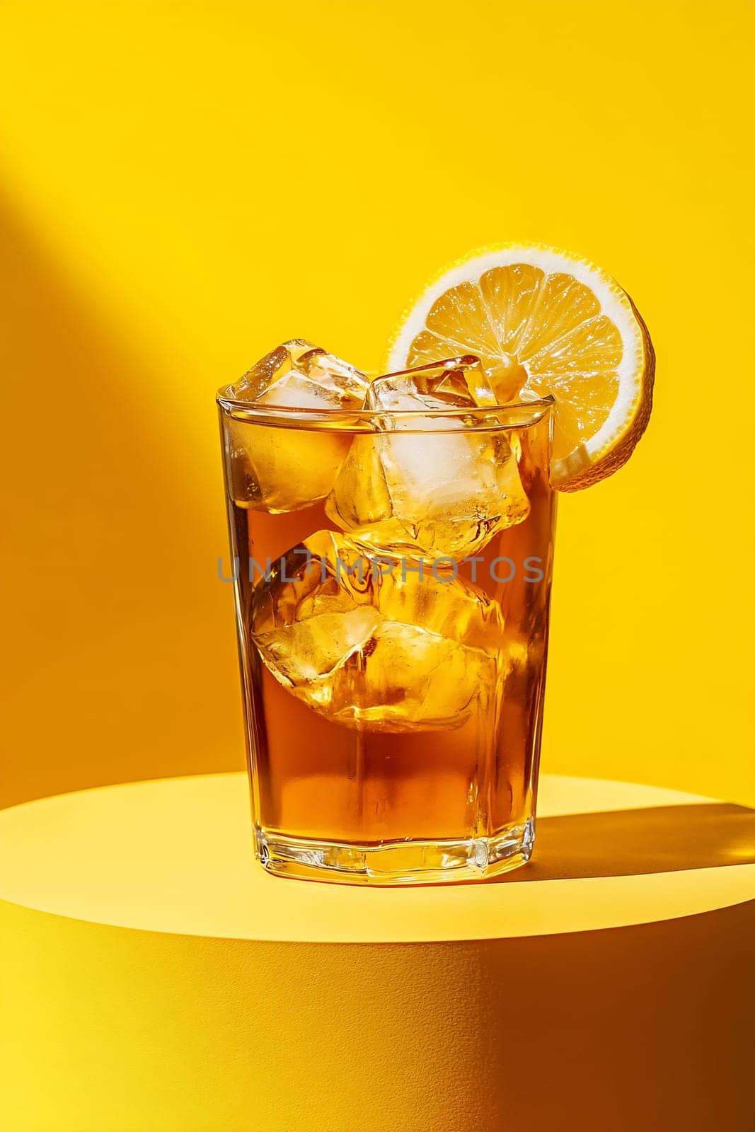 A glass filled with iced tea sits on a vibrant yellow surface, garnished with a lemon slice, radiating a refreshing vibe.