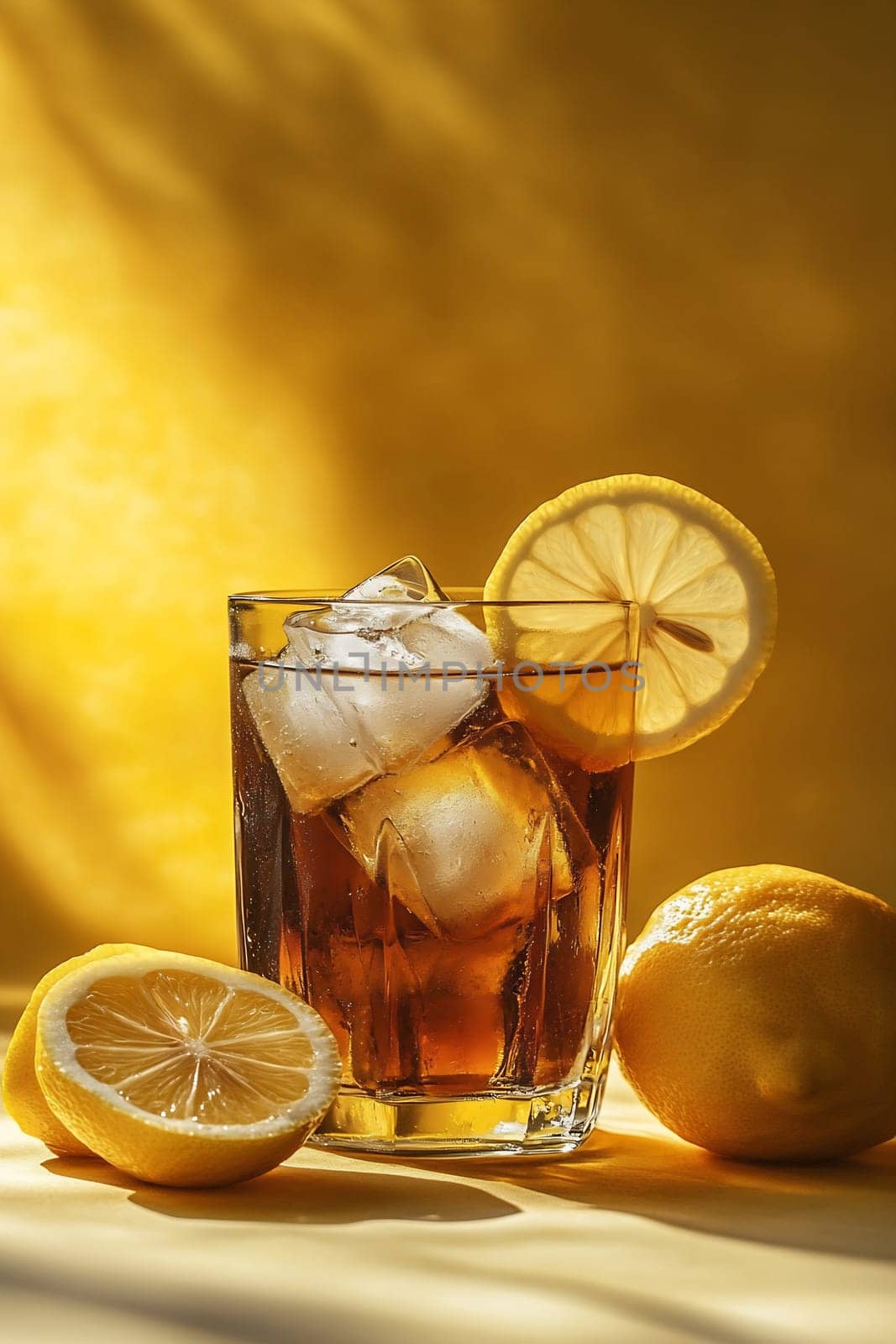 A glass filled with ice and a dark beverage garnished with lemon slices rests beside whole lemons on a vibrant yellow background.