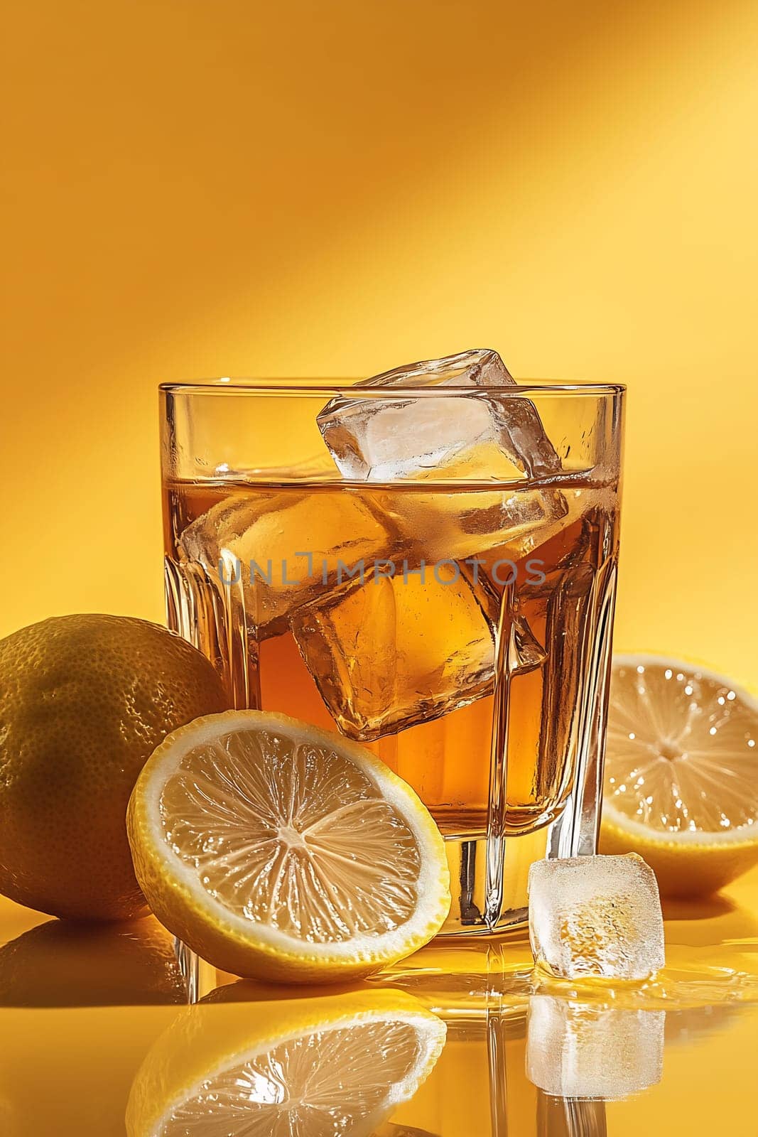 A clear glass filled with a chilled beverage, ice cubes, and lemon slices sits on a bright yellow surface.