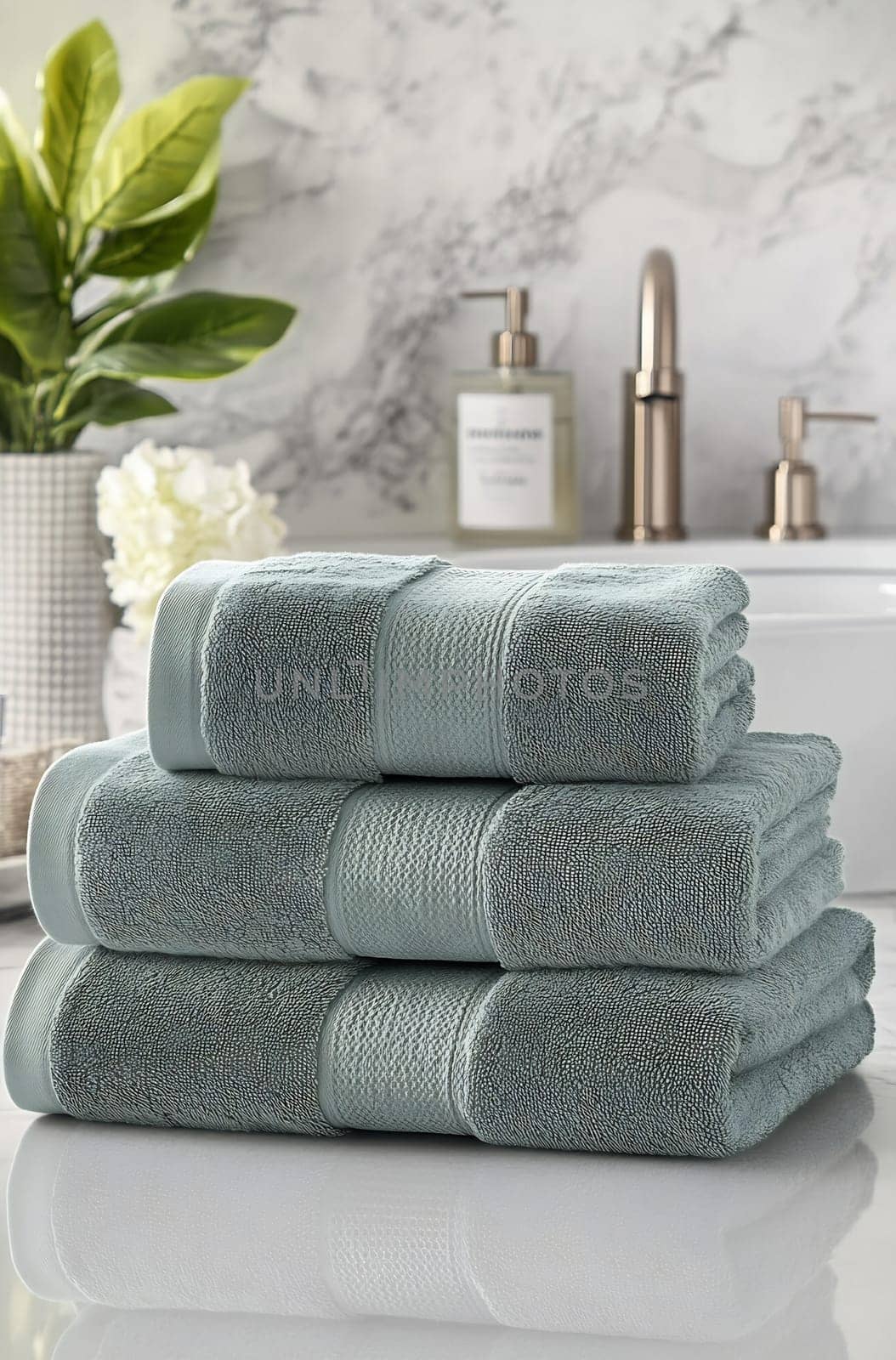 Three plush towels are neatly arranged on a bathroom counter, surrounded by elegant decor, perfect for a spa-like atmosphere at home.