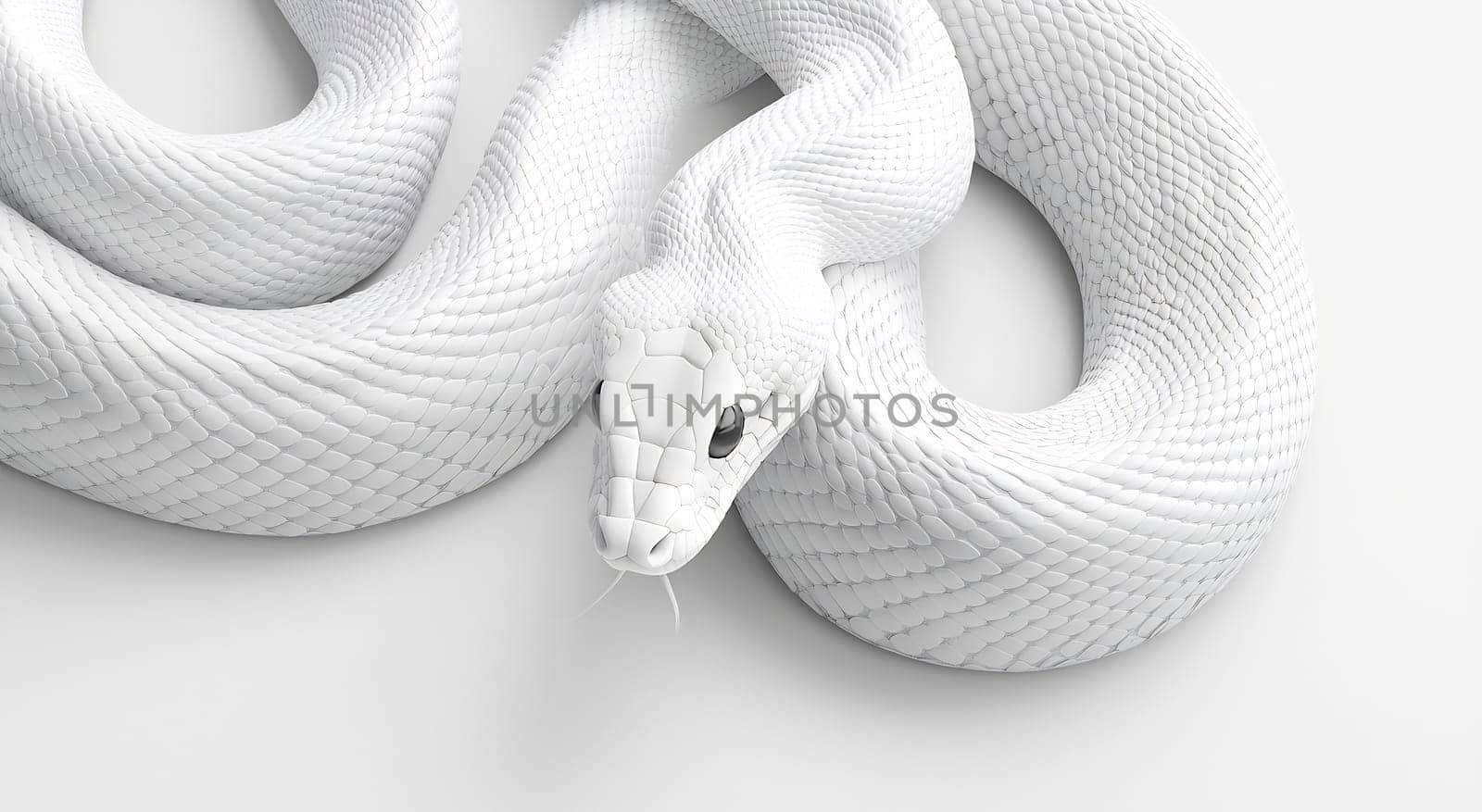 A white snake is coiled comfortably, showcasing its smooth scales and striking features against a minimalist background.