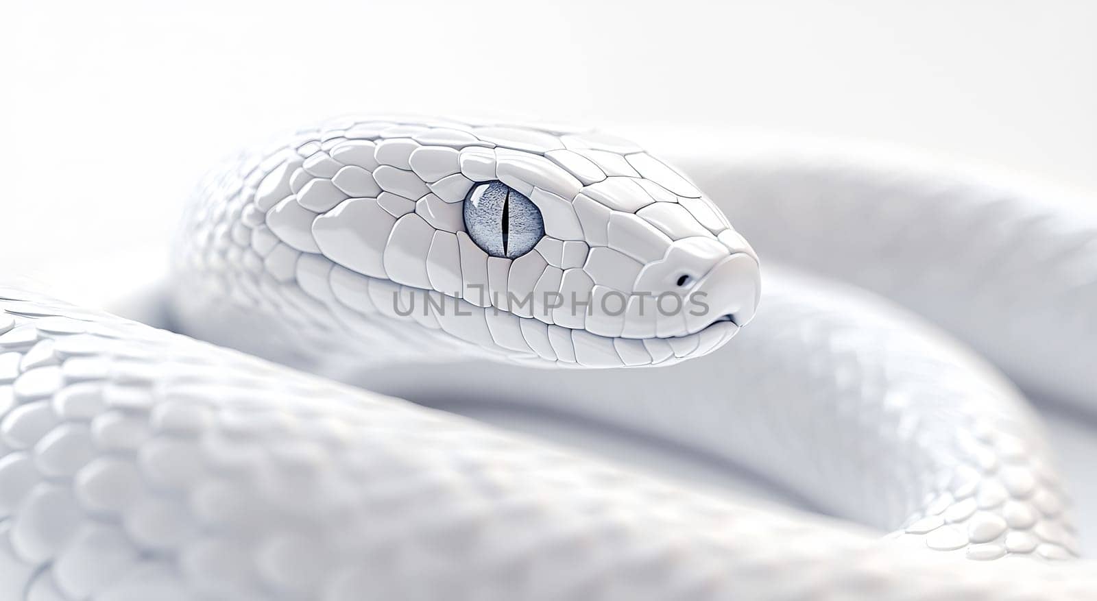A close-up of a white snake highlights its smooth scales and piercing blue eye, showcasing its unique beauty and elegance.