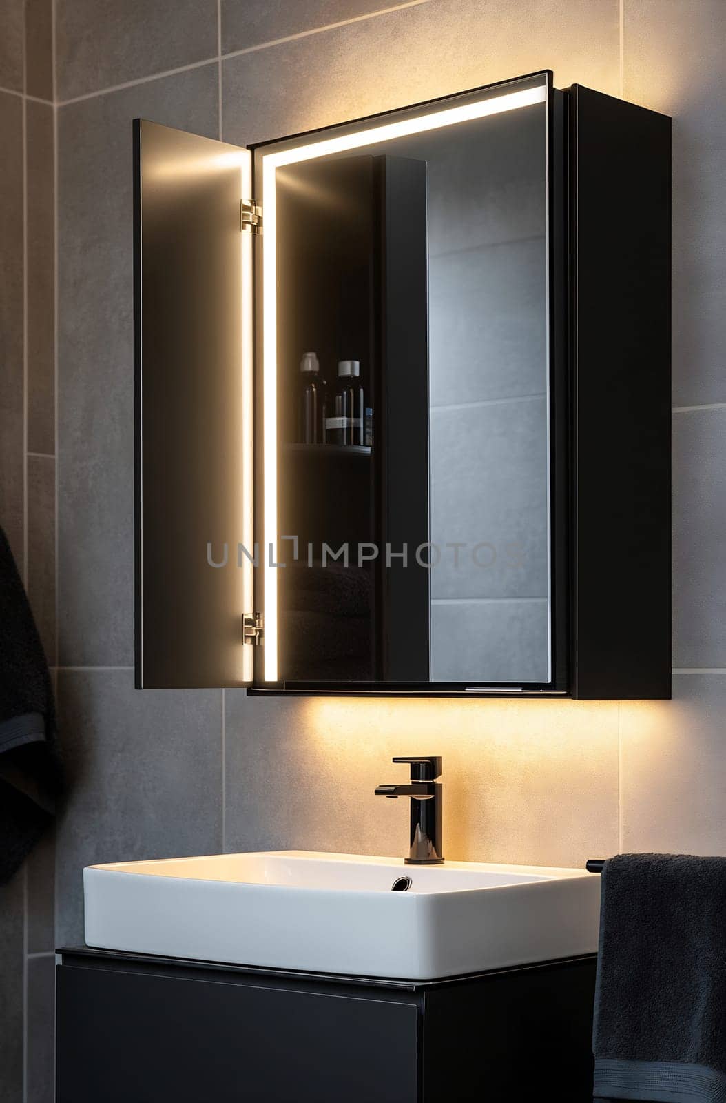 A sleek black bathroom cabinet features bright lights surrounding the mirror. A stylish sink and faucet complete the contemporary design.
