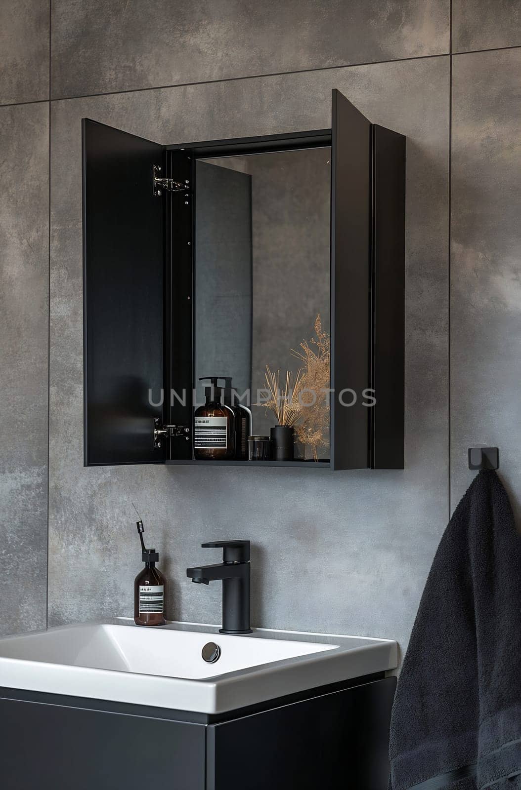A stylish bathroom showcases a minimalist design with a black cabinet, modern sink, and decorative accents in natural tones.