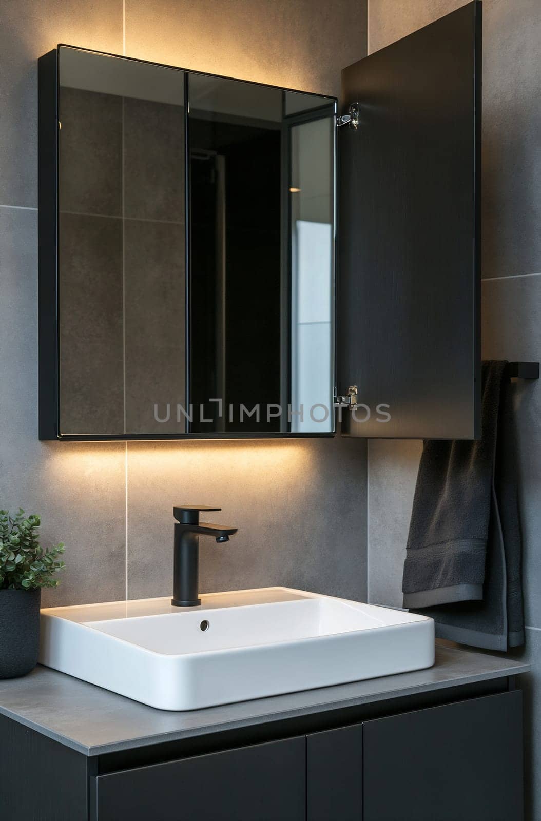 A stylish bathroom features a sleek gray design, minimalistic sink, and illuminated mirror, creating a contemporary atmosphere.