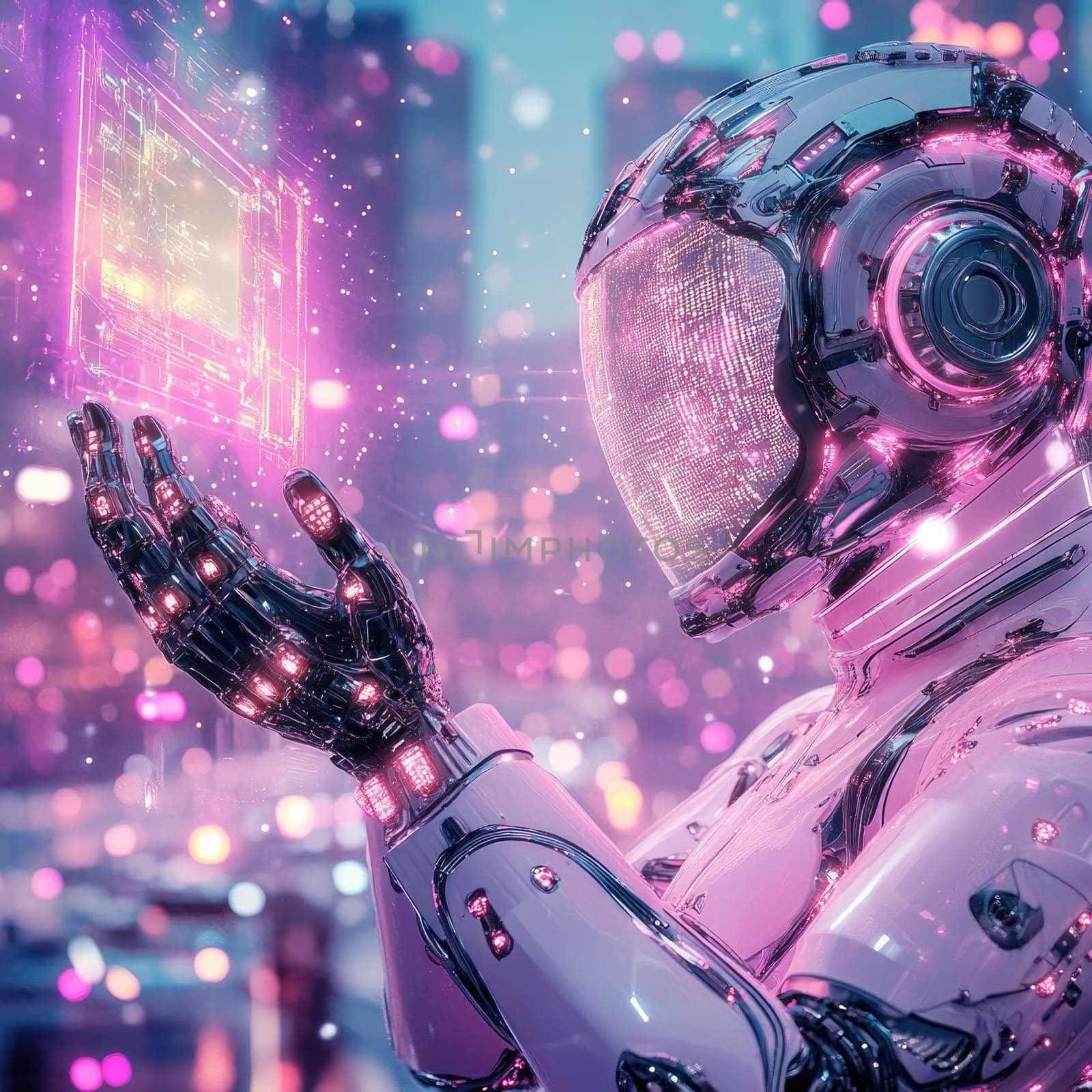 A robot astronaut stands amidst a bustling cityscape at dusk, engaging with floating holographic displays that emit colorful lights. The atmosphere is dynamic and futuristic.