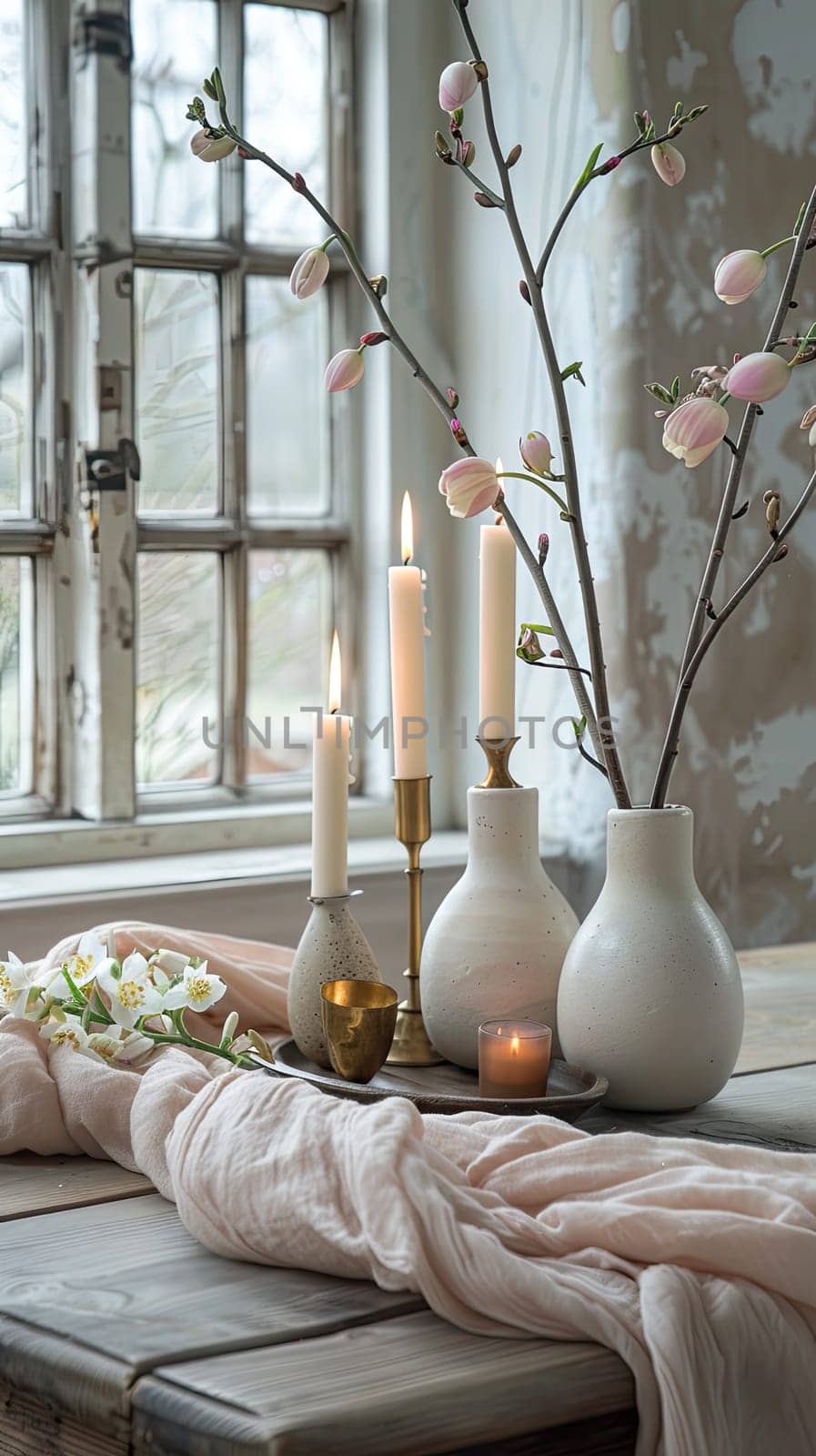 Fresh flowers and candles create a serene atmosphere on a rustic wooden table beside a vintage window, bringing a touch of spring elegance to the space.