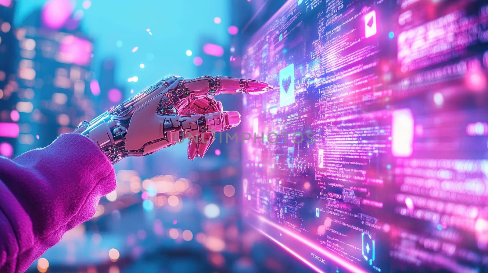 A robotic hand reaches out to touch glowing digital displays filled with data, illuminating the vibrant cityscape at night, showcasing advanced technology and urban life.