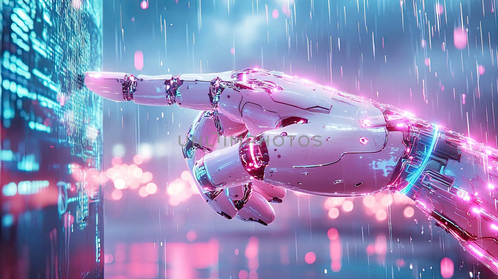 A cutting-edge robotic hand touches a glowing digital interface amidst falling rain, creating a mesmerizing combination of technology and nature during nighttime.