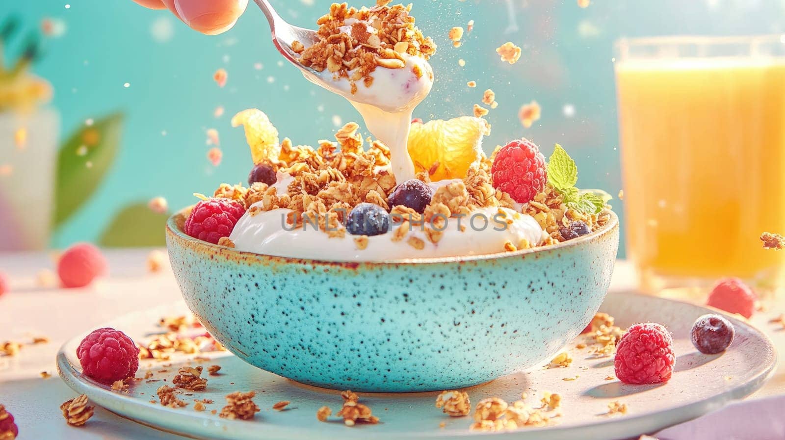 A colorful bowl filled with creamy yogurt topped with crunchy granola, fresh raspberries, blueberries, and pineapple pieces sits on a table. A glass of juice enhances the vibrant setting.