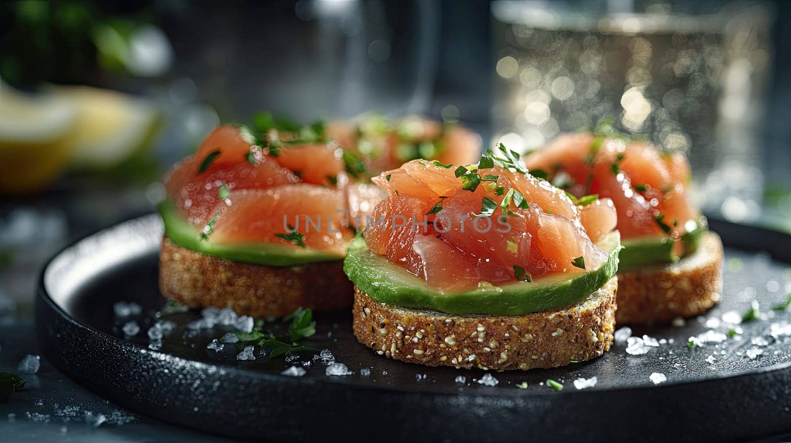 Savory canap s feature layers of smoked salmon topped with fresh herbs on crisp rye bread, garnished with lemon and salt, creating a delightful appetizer.