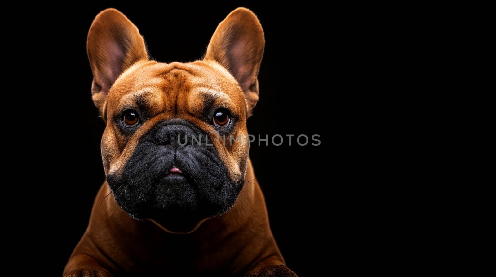 A brown French bulldog stares directly at the viewer, showcasing its distinctive features and strong personality in a dramatic setting - Generative AI