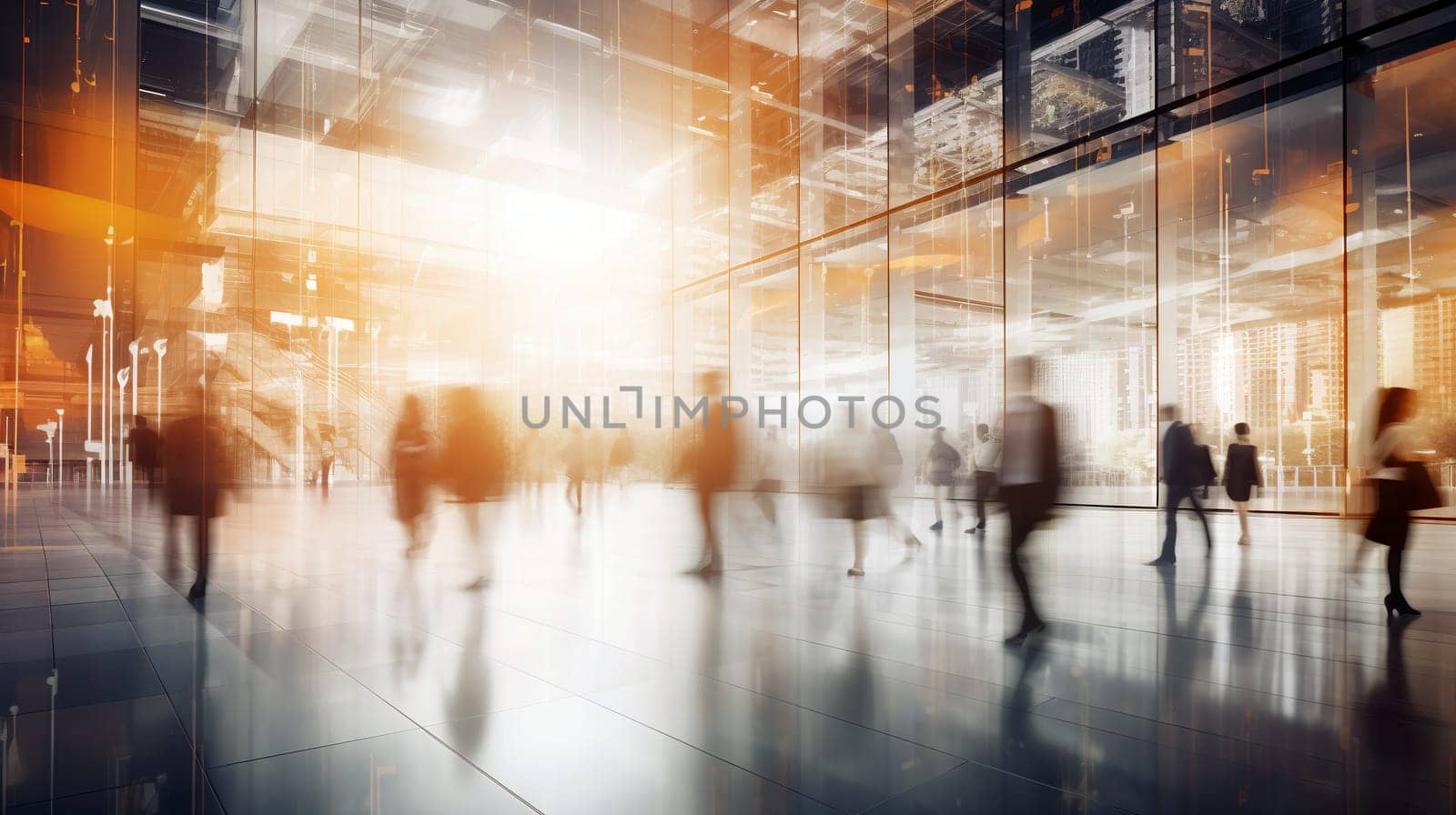 Professionals are seen walking through a modern office building, illuminated by bright sunlight during the afternoon - Abstract blurred background - Generative AI