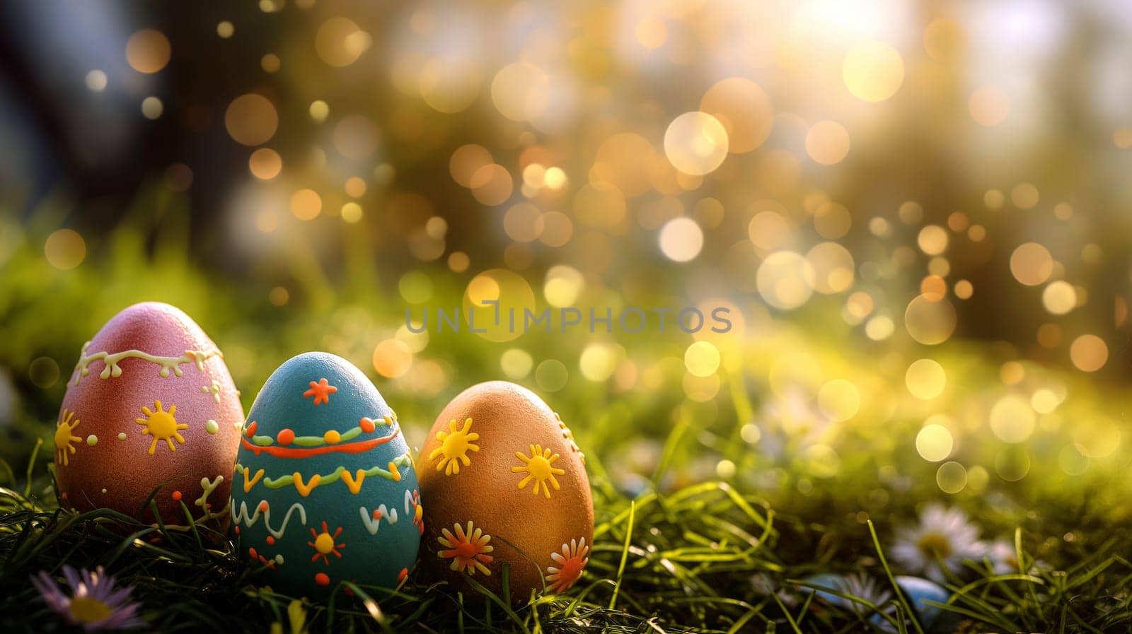 Vibrant Easter eggs are placed on lush green grass, with delicate sunlight filtering through trees, creating a magical, bokeh backdrop full of warmth and joy - Generative AI