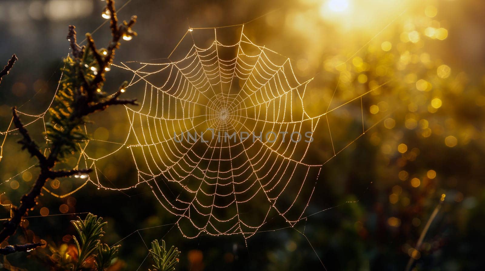 A spider web glistens in the early morning sunlight, adorned with droplets of dew, creating a captivating scene in a serene garden environment - Generative AI