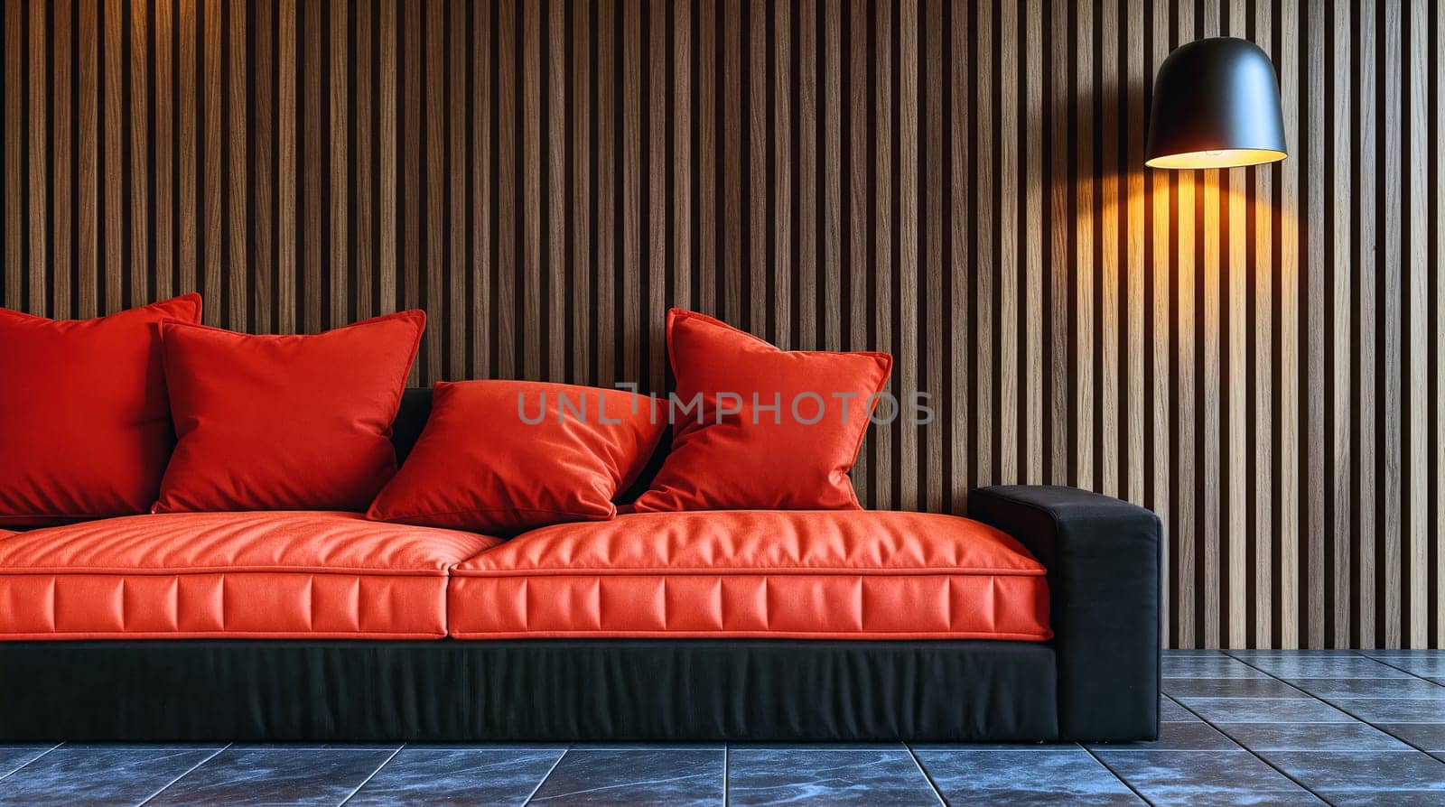 A modern sofa with vibrant orange cushions is showcased against a wooden striped wall in a chic living space, creating a warm atmosphere - Generative AI